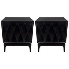 Sculptural Pair of Ebonized Walnut Nightstands or End Tables with Diamond Front