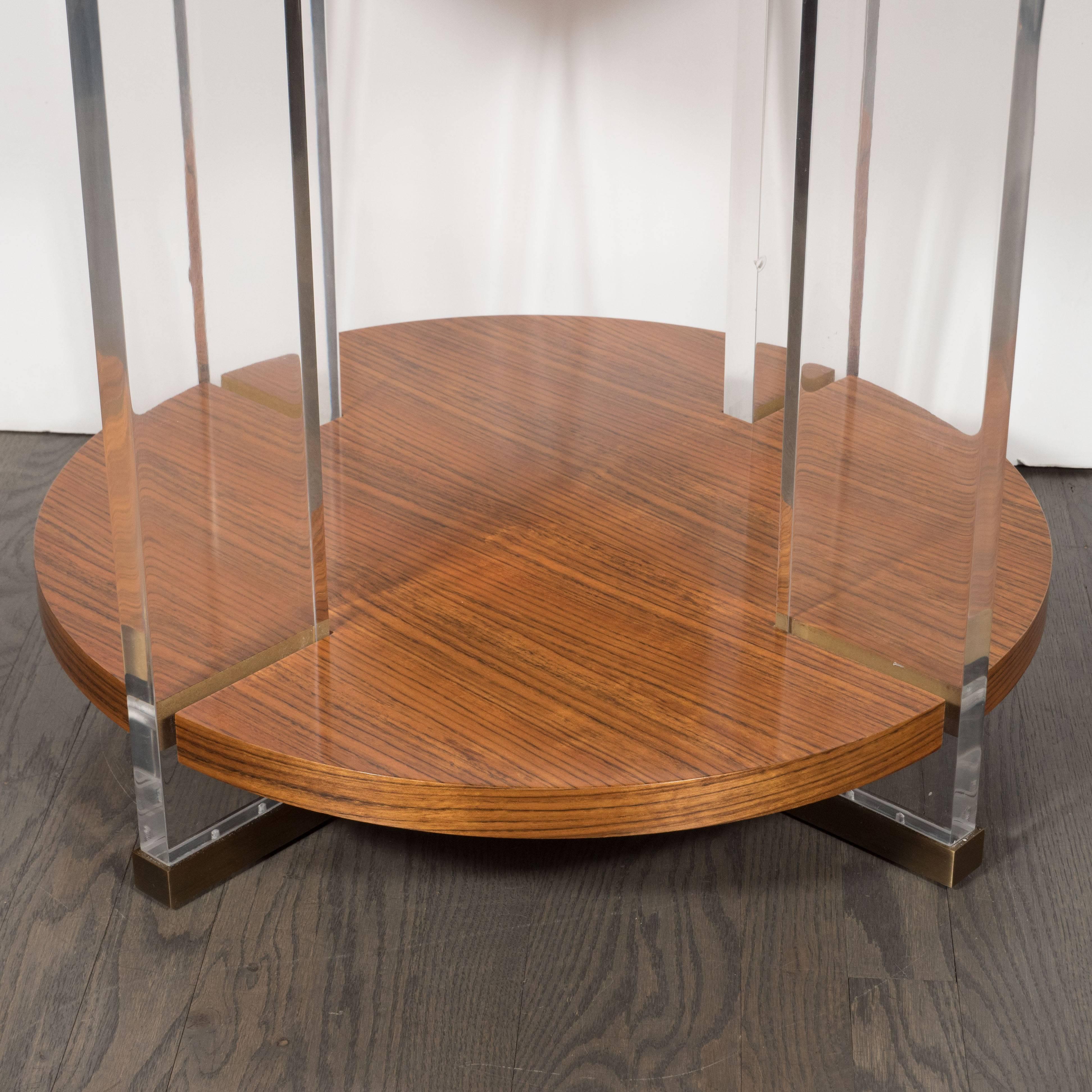 20th Century Vanguard Circular Table in Bookmatched Mozambique with Lucite Supports