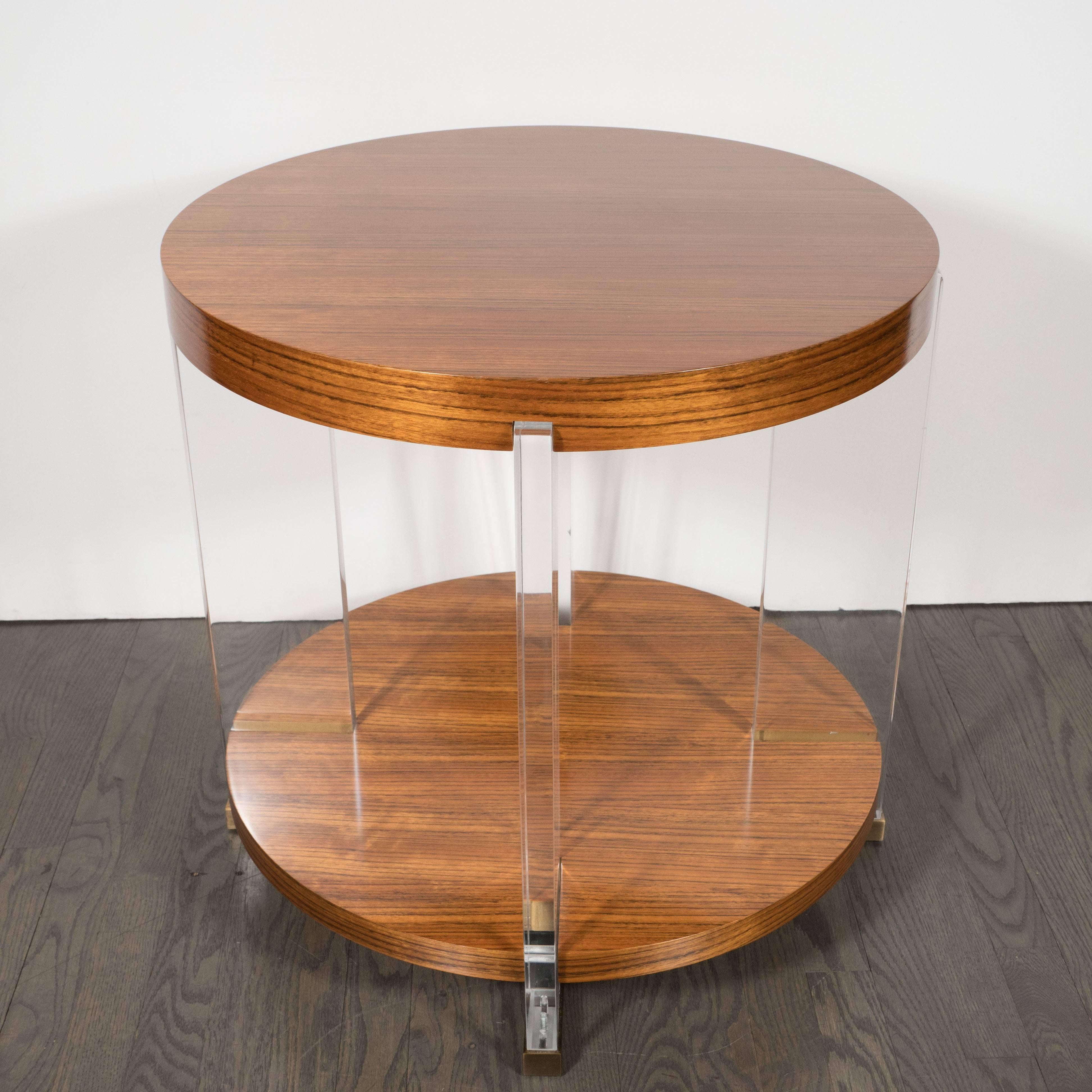 Mid-Century Modern Vanguard Circular Table in Bookmatched Mozambique with Lucite Supports