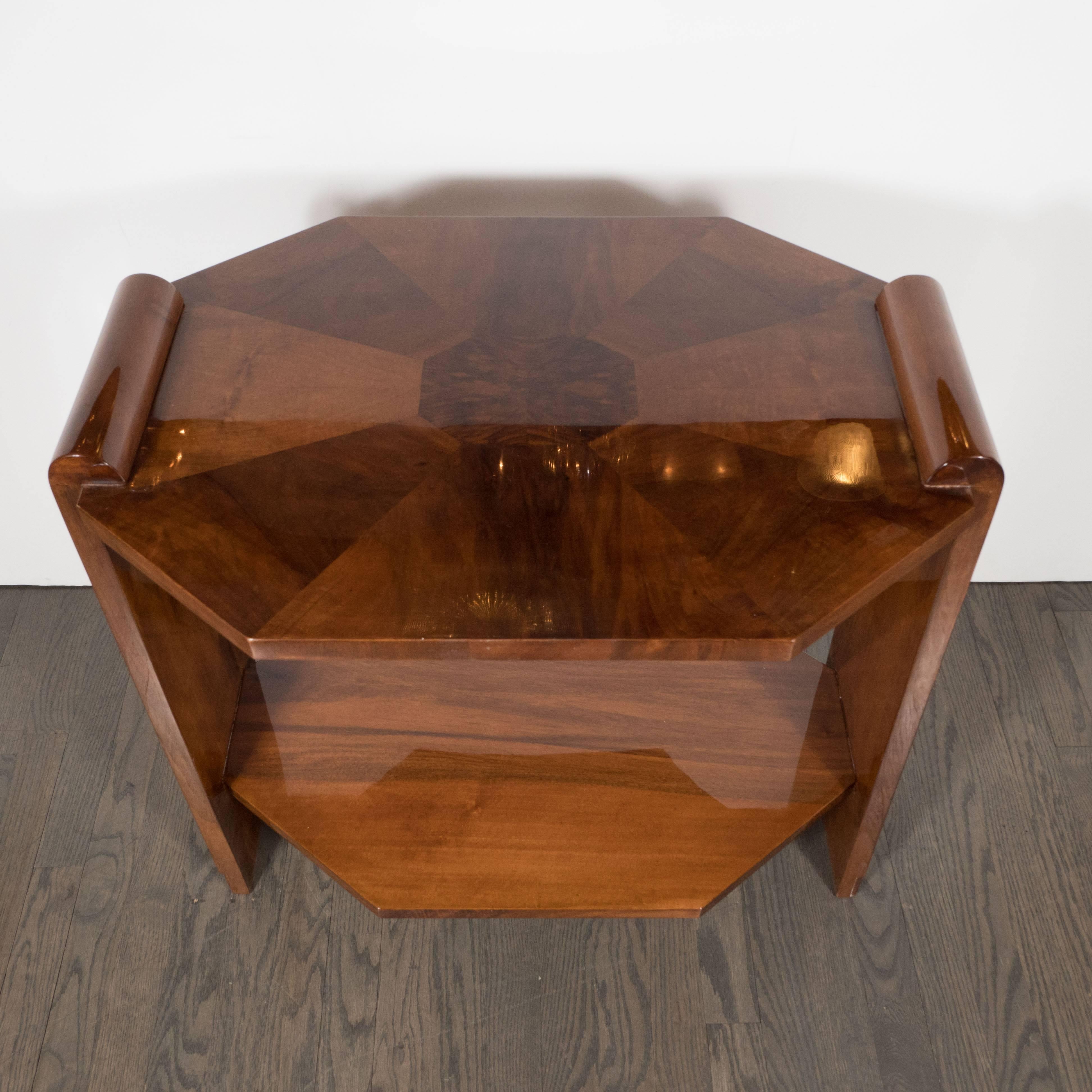 Polished Elegant Art Deco Octagonal Side Occasional Table in Exotic Book-Matched Walnut