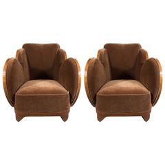 Art Deco "Cloud" Series Club Chairs in Book Matched Walnut and Chestnut Mohair