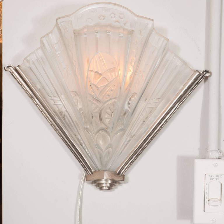 Fine French Art Deco Sky Scraper Style Wall Sconce with Nickelled Bronze Details For Sale at 1stdibs
