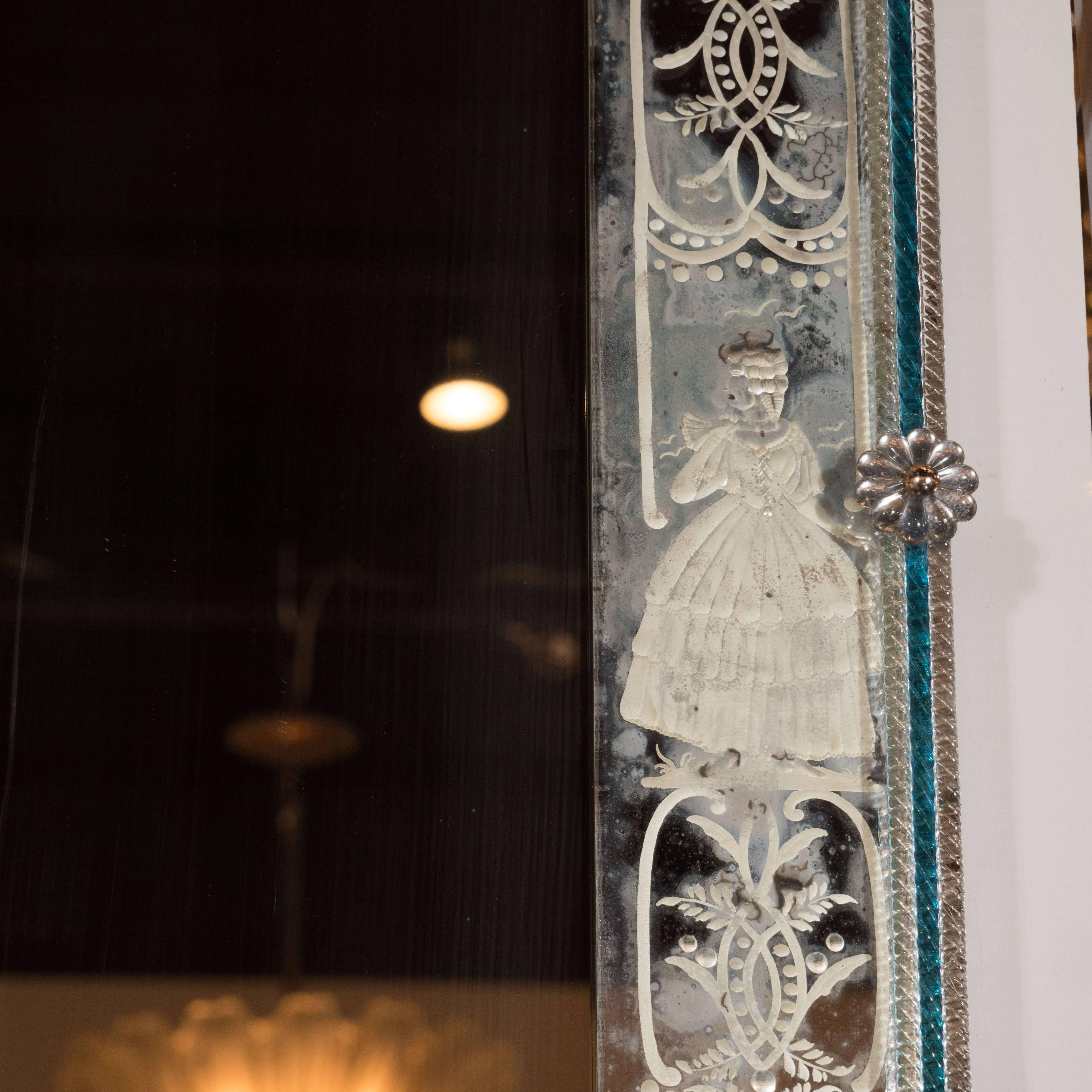 Neoclassical Venetian Handmade Reverse Etched Mirror W/ Murano Applique and Cerulean Border