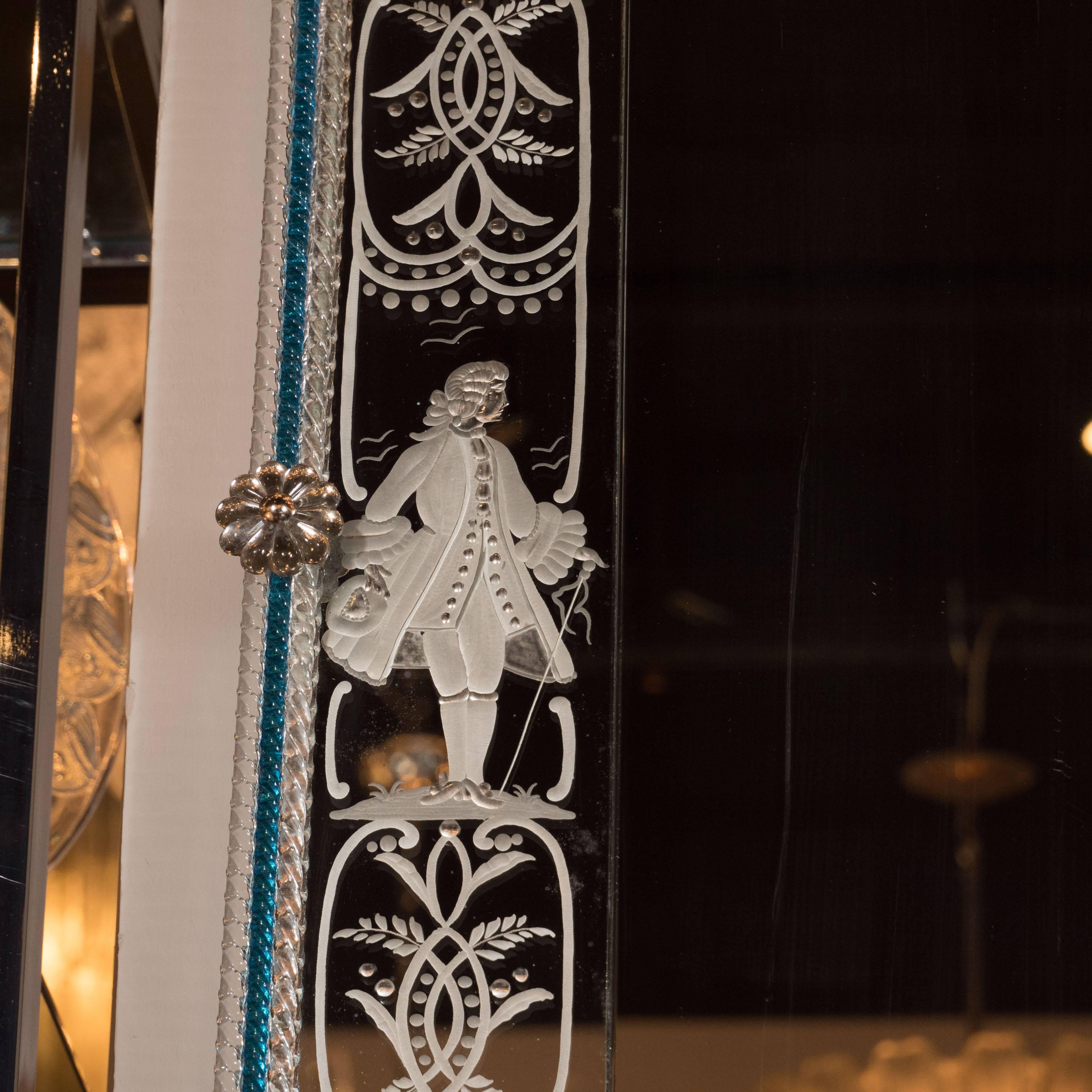 Italian Venetian Handmade Reverse Etched Mirror W/ Murano Applique and Cerulean Border