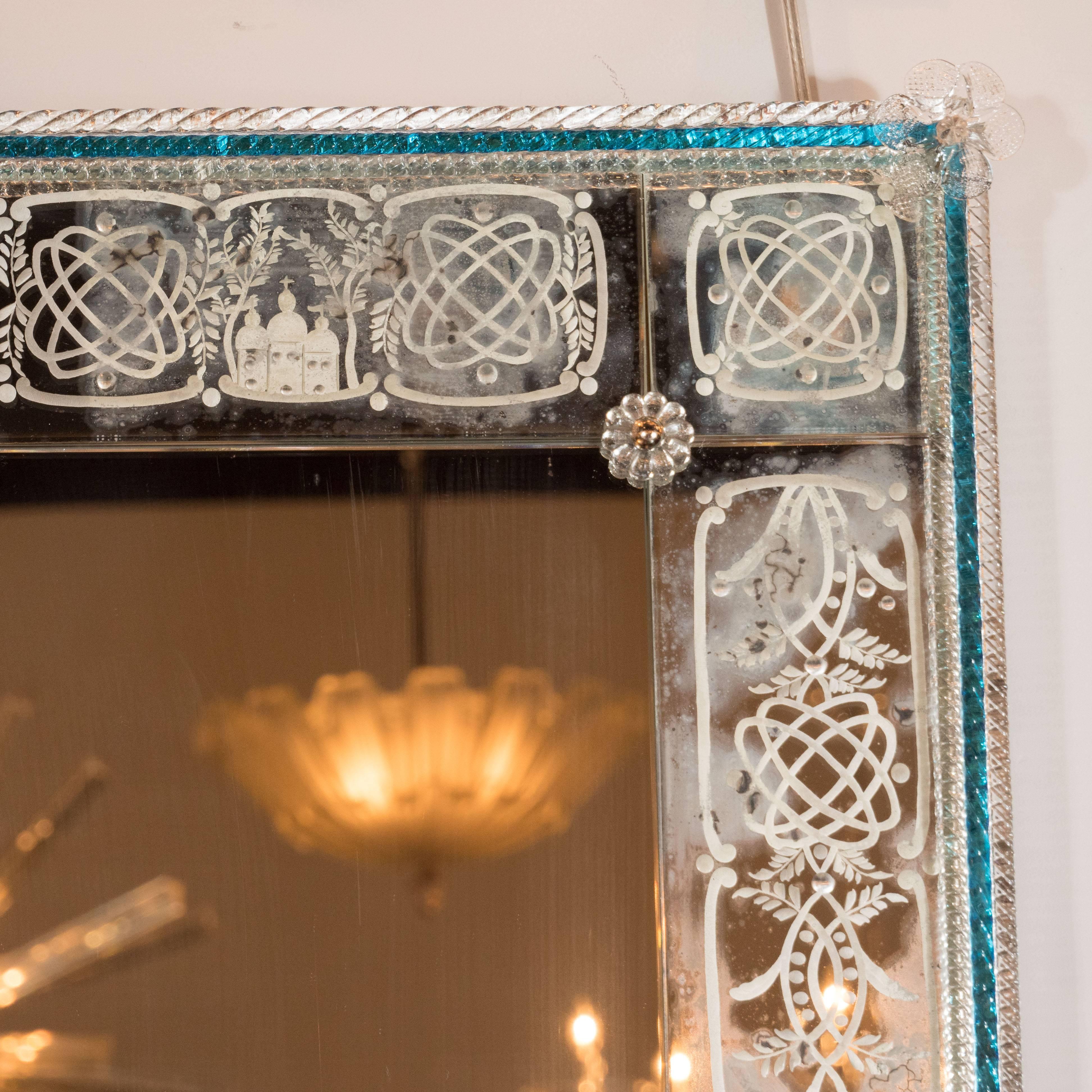 Venetian Handmade Reverse Etched Mirror W/ Murano Applique and Cerulean Border In Excellent Condition In New York, NY