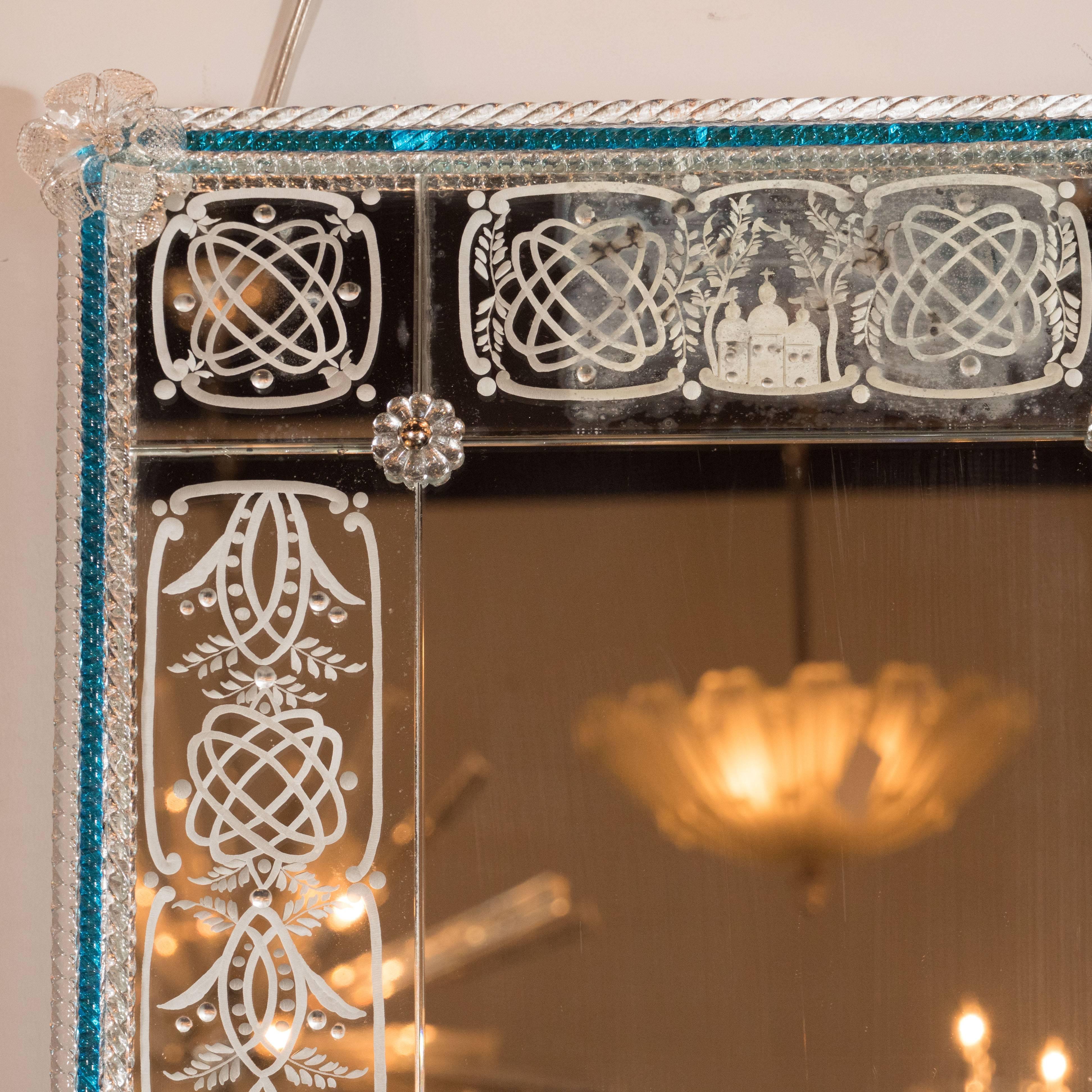 Early 20th Century Venetian Handmade Reverse Etched Mirror W/ Murano Applique and Cerulean Border