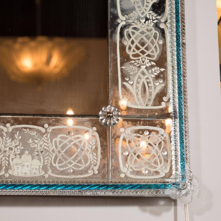 Handmade Reverse Etched Mirror W/ Murano Applique and Cerulean