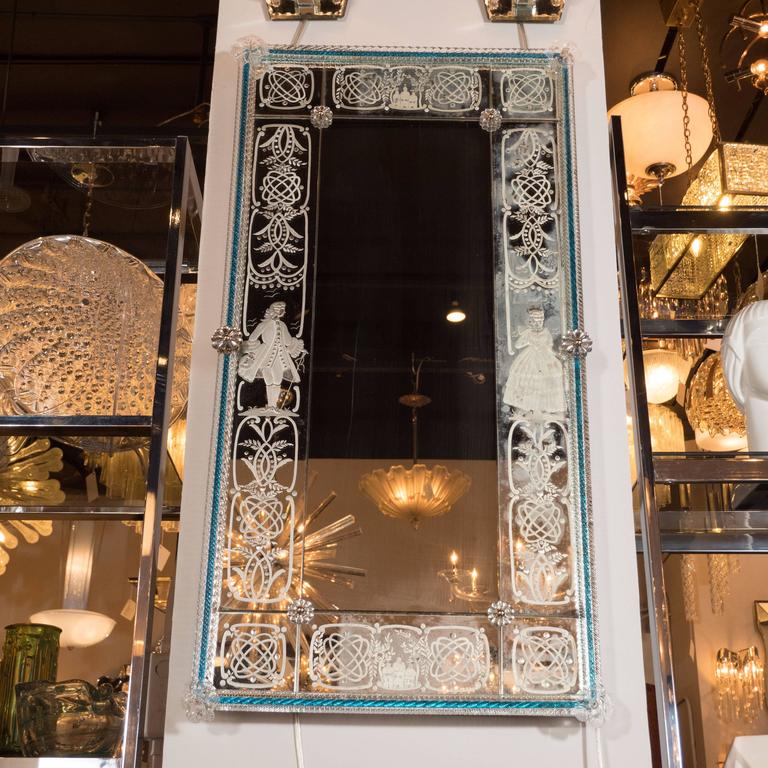 Handmade Reverse Etched Mirror W/ Murano Applique and Cerulean