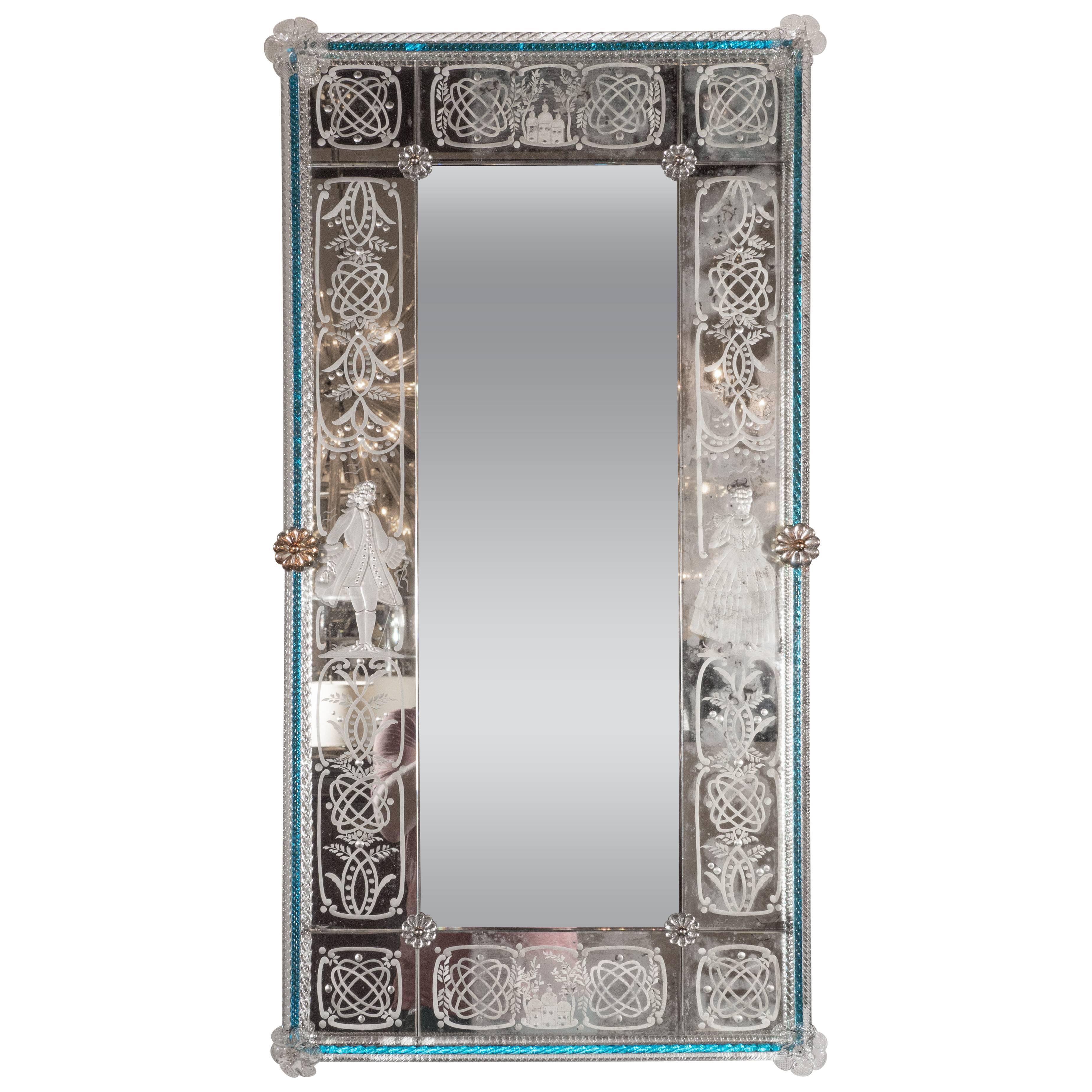 Venetian Handmade Reverse Etched Mirror W/ Murano Applique and Cerulean Border