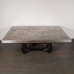 Mid-Century Modernist Acid Etched Aluminum Table with Sculptural Black Base
