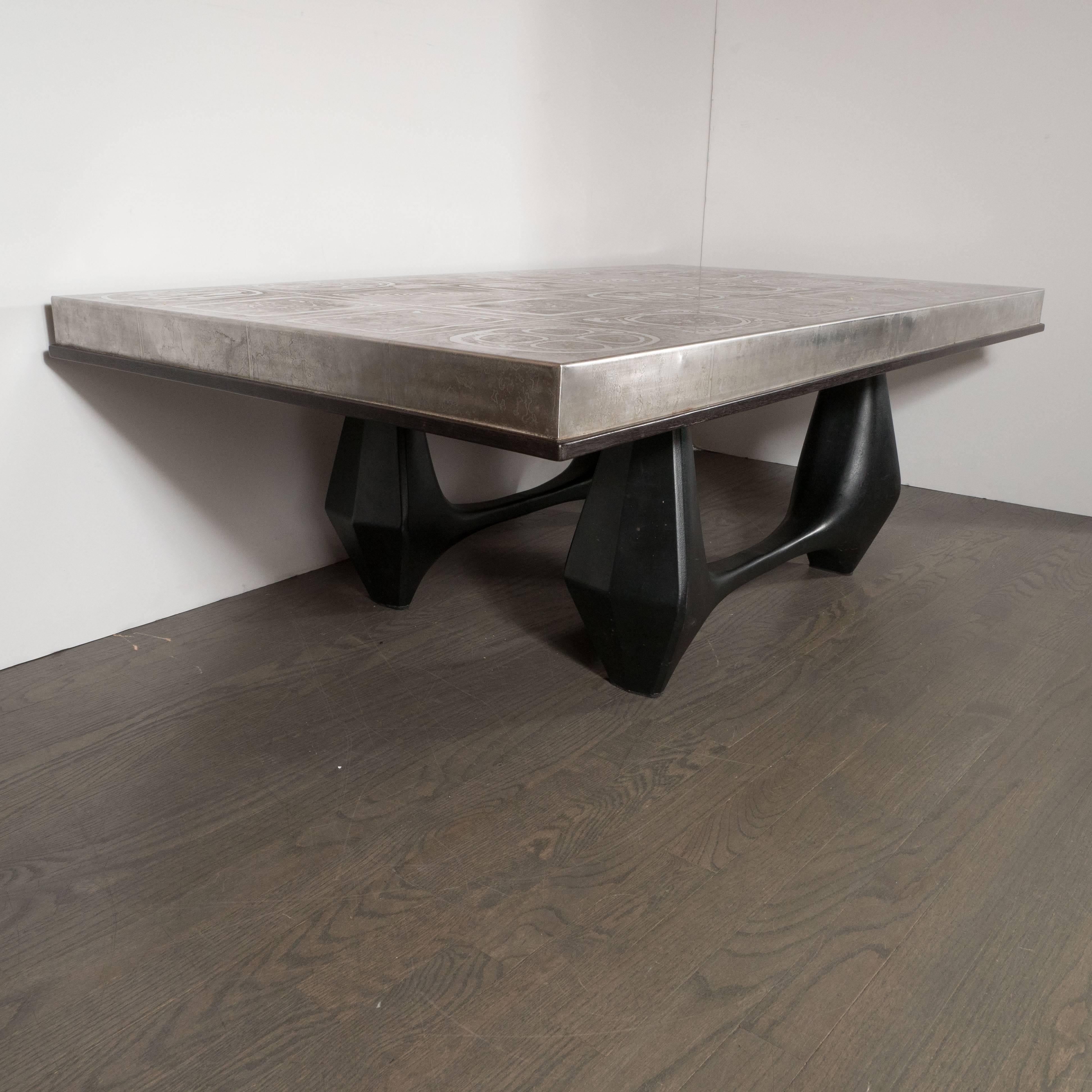 Danish Mid-Century Modernist Acid Etched Aluminum Table with Sculptural Black Base