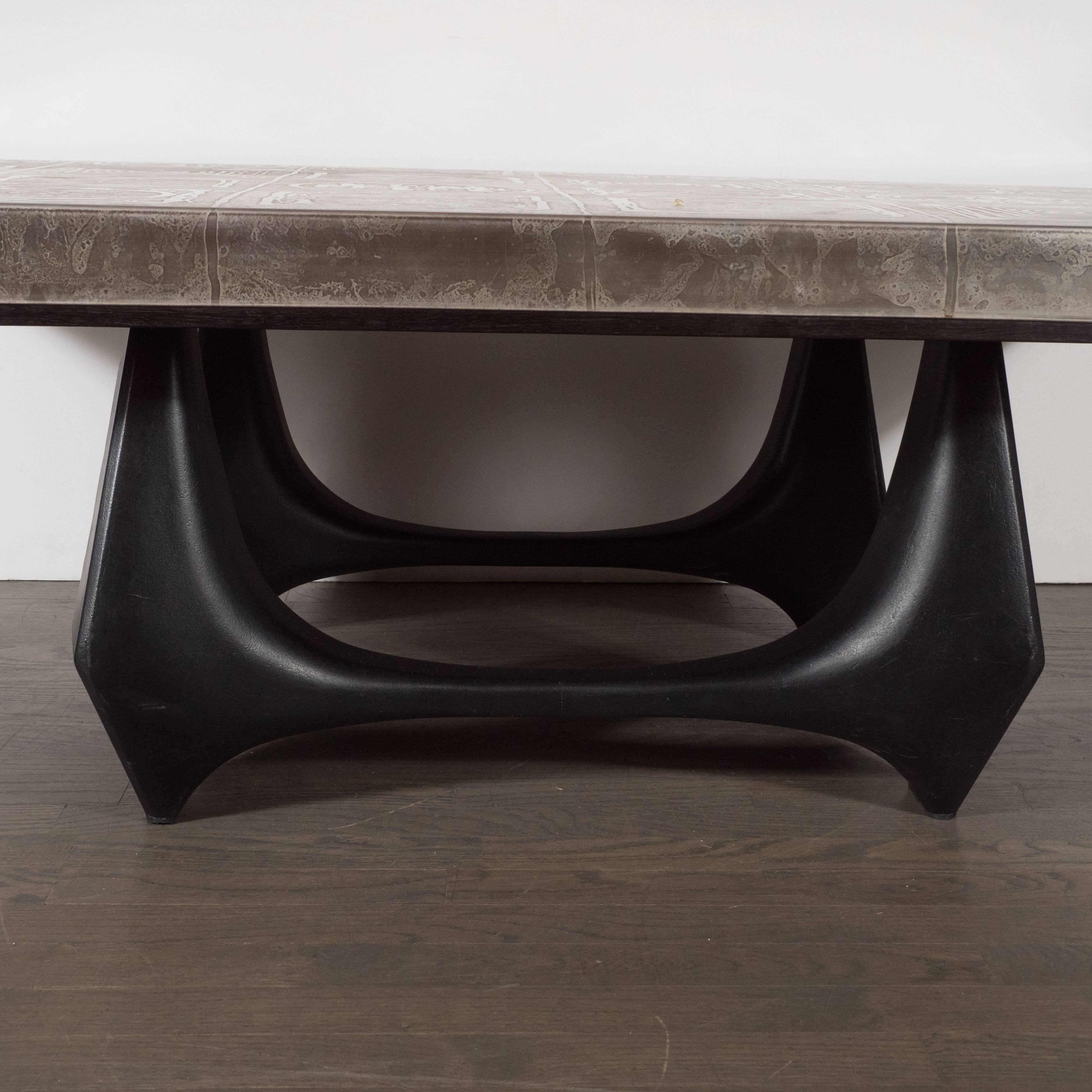Ebonized Mid-Century Modernist Acid Etched Aluminum Table with Sculptural Black Base