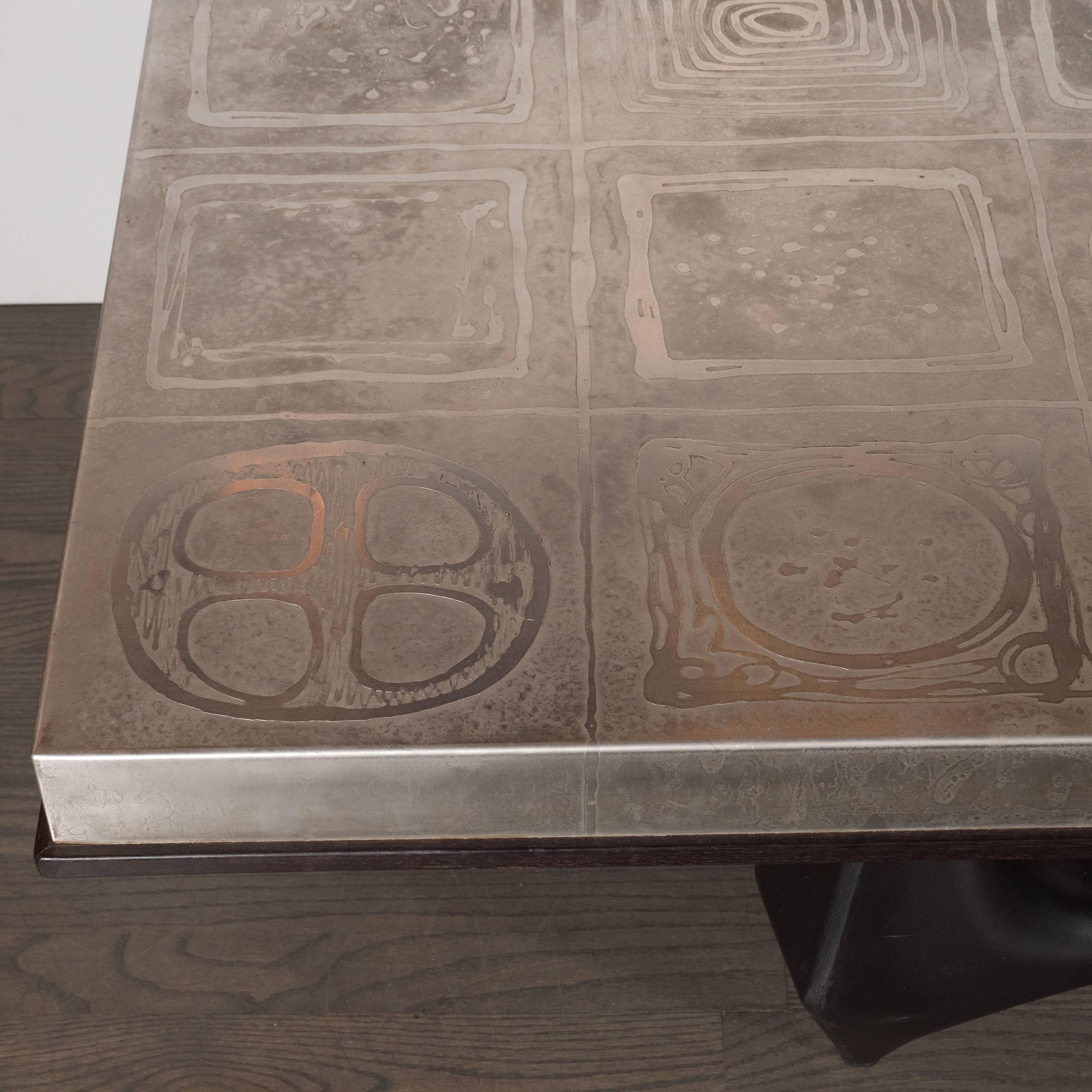 Mid-Century Modernist Acid Etched Aluminum Table with Sculptural Black Base In Excellent Condition In New York, NY