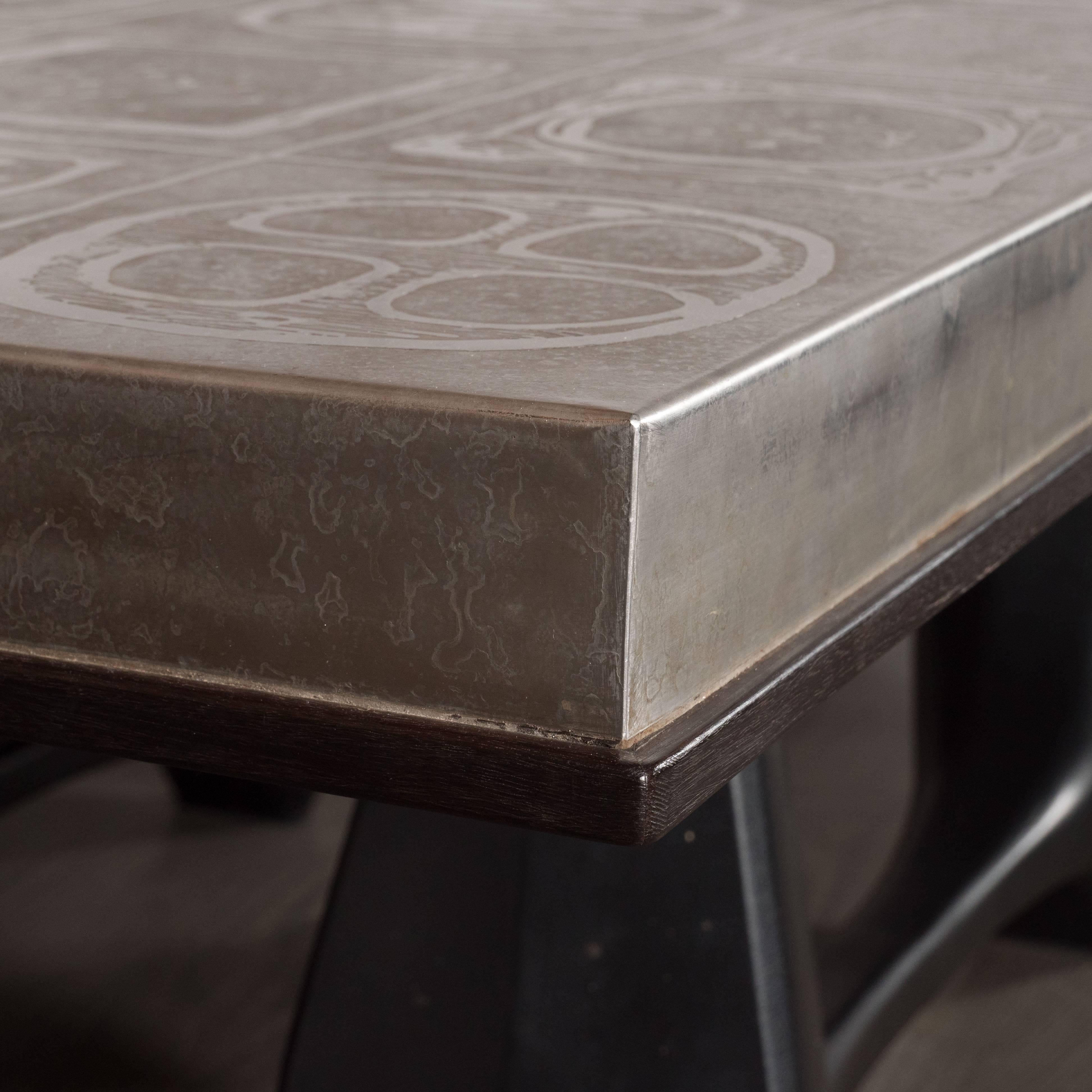 Late 20th Century Mid-Century Modernist Acid Etched Aluminum Table with Sculptural Black Base