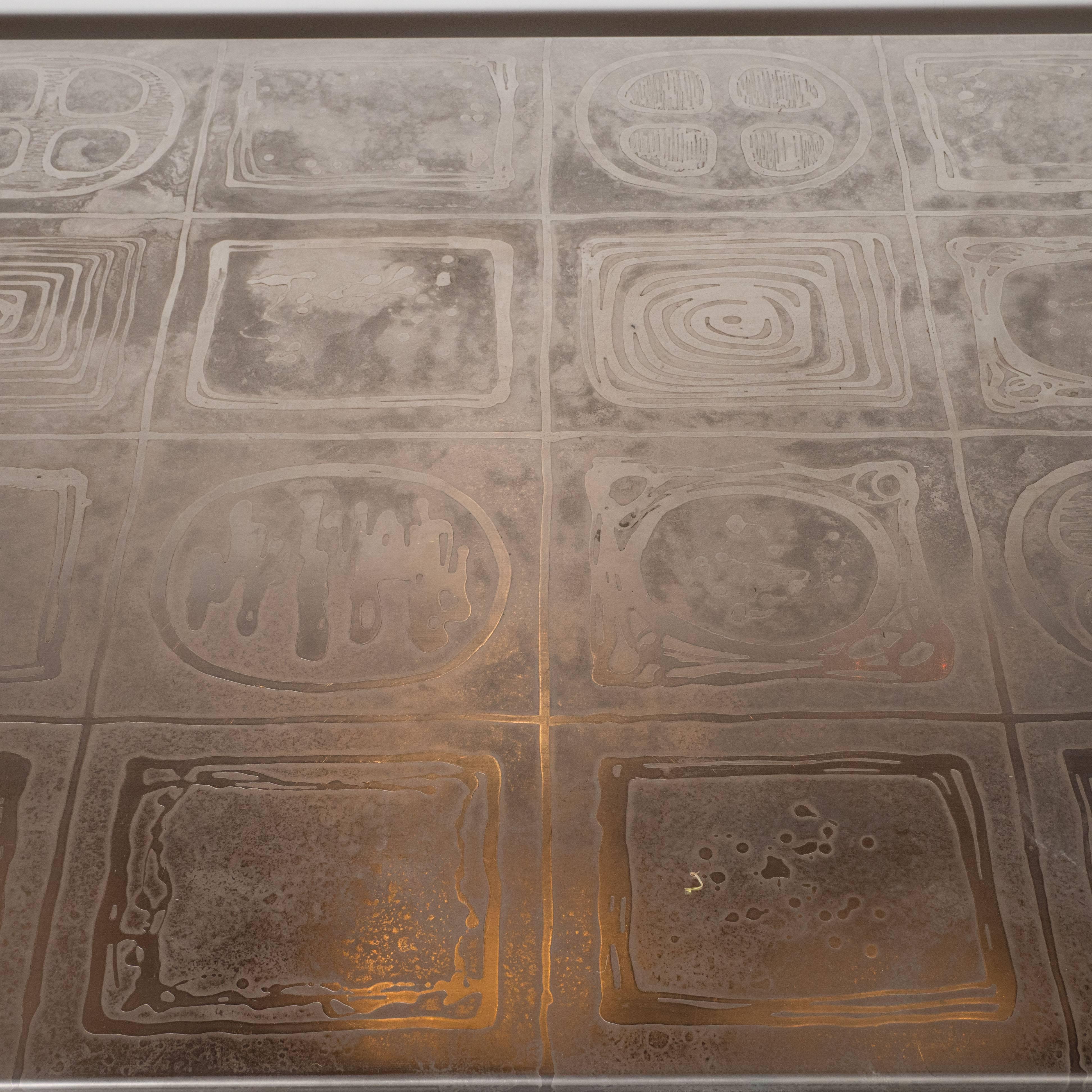 Mid-Century Modernist Acid Etched Aluminum Table with Sculptural Black Base 1