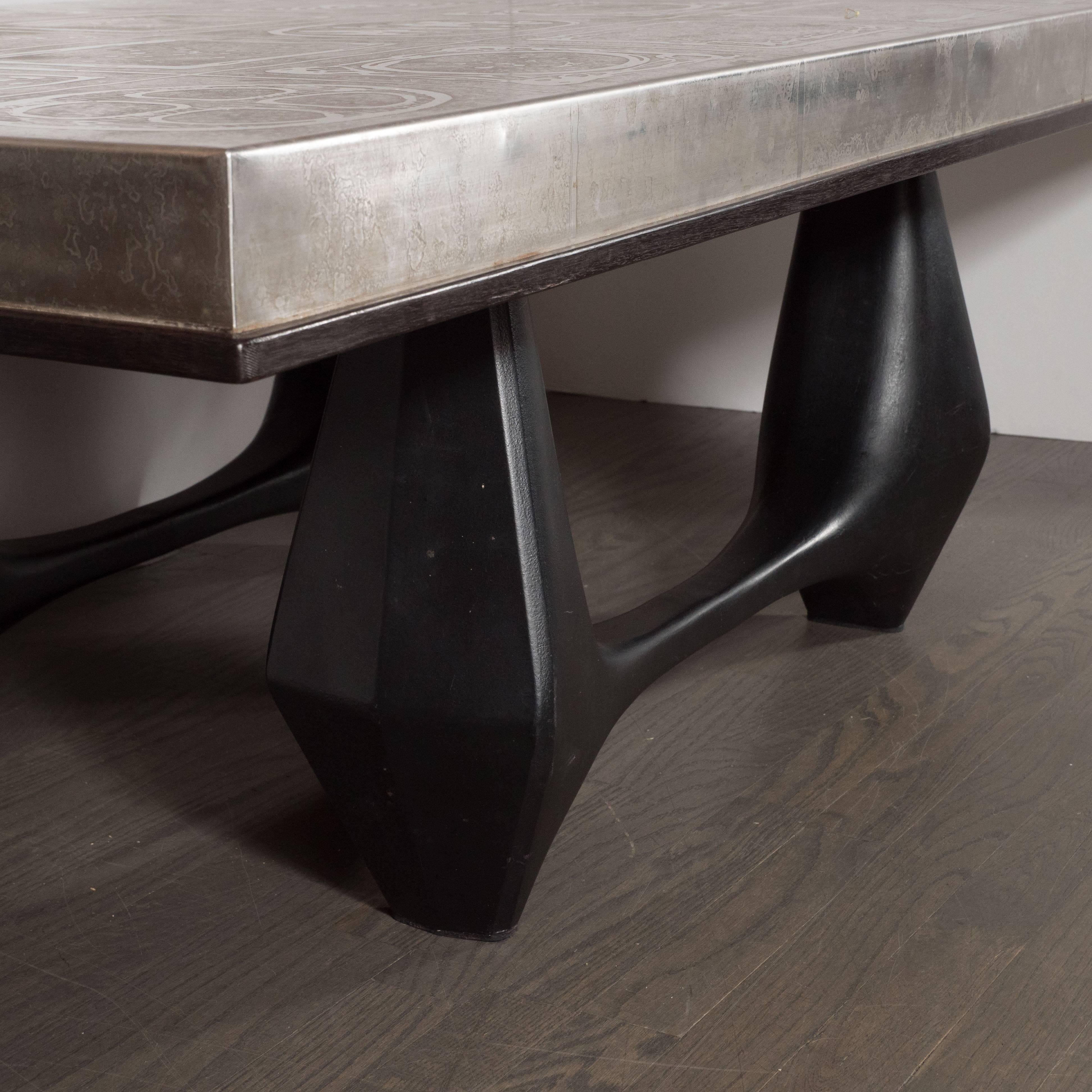 Mid-Century Modernist Acid Etched Aluminum Table with Sculptural Black Base 2