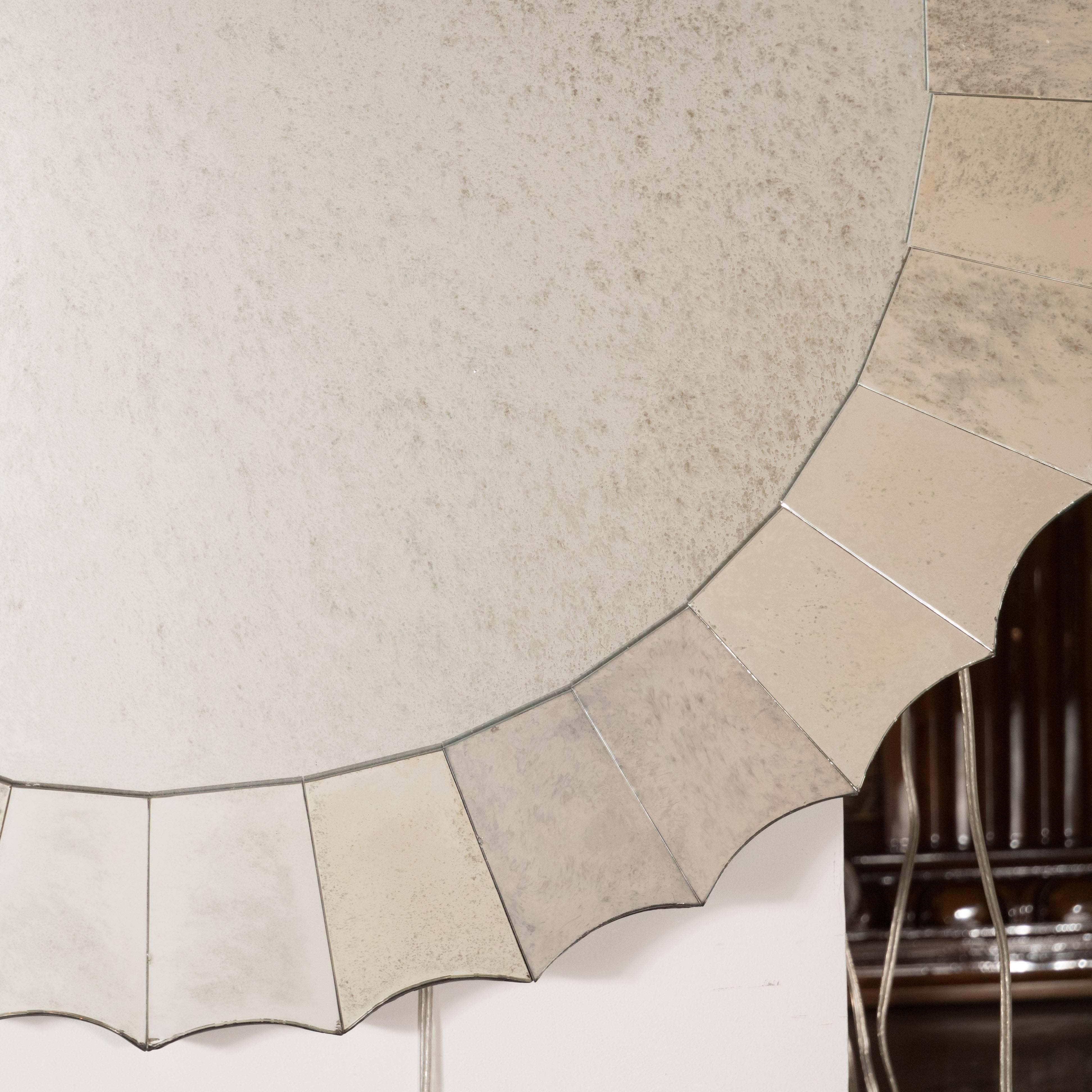American Elegant Mid-Century Modernist Scalloped Antiqued Mirror with Starburst Design