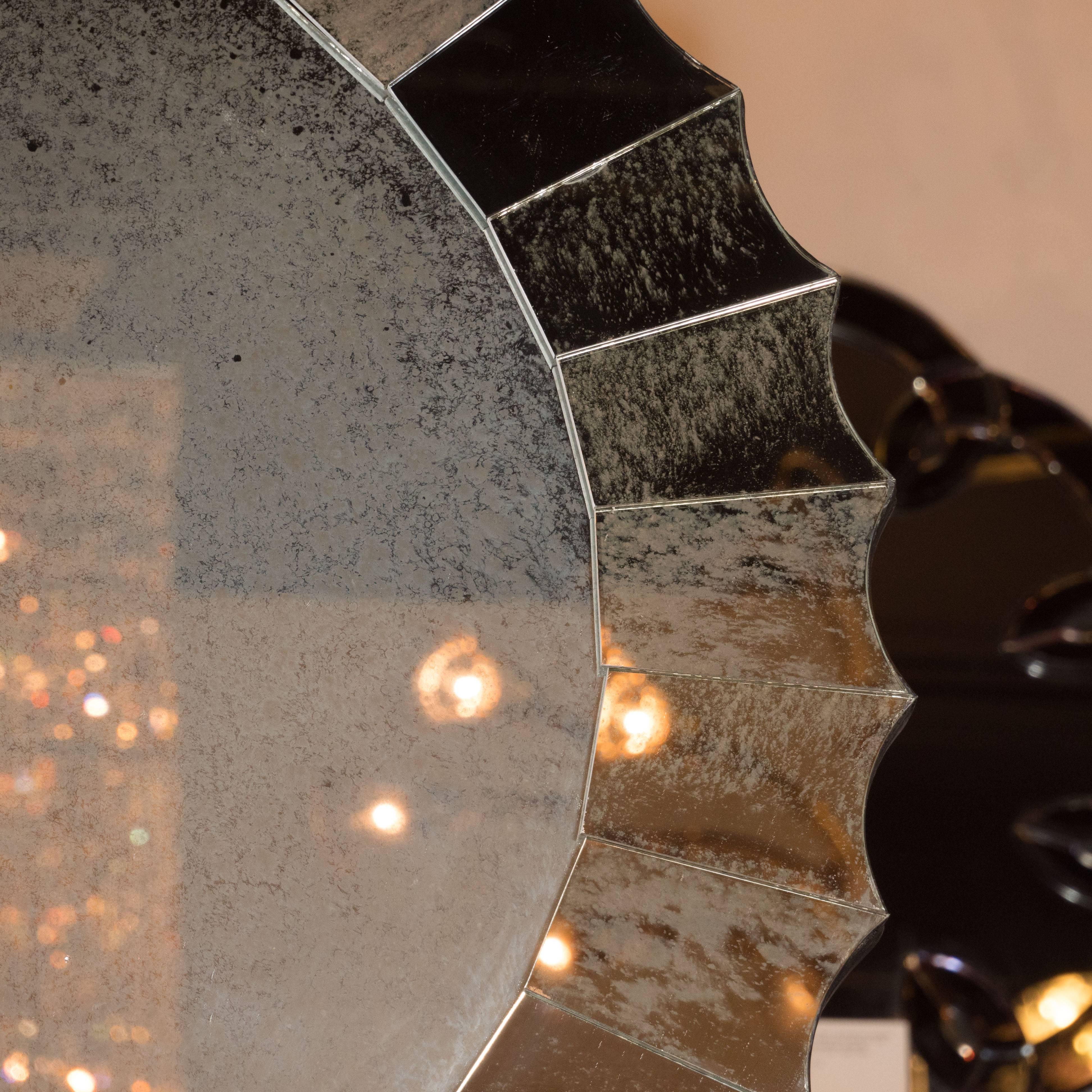 Mid-20th Century Elegant Mid-Century Modernist Scalloped Antiqued Mirror with Starburst Design