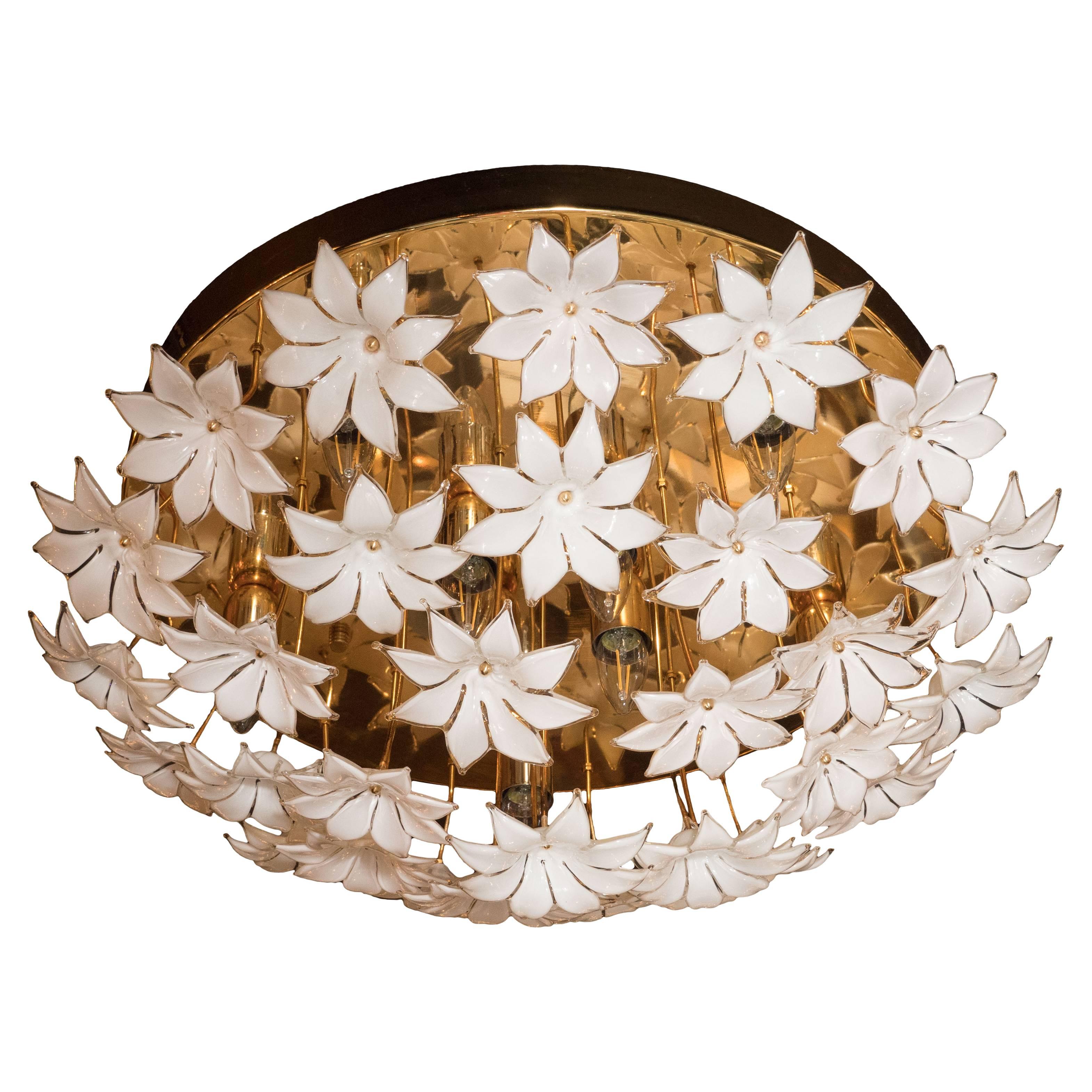 Mid-Century Modernist Murano Floral Flush Mount with Brass Fittings
