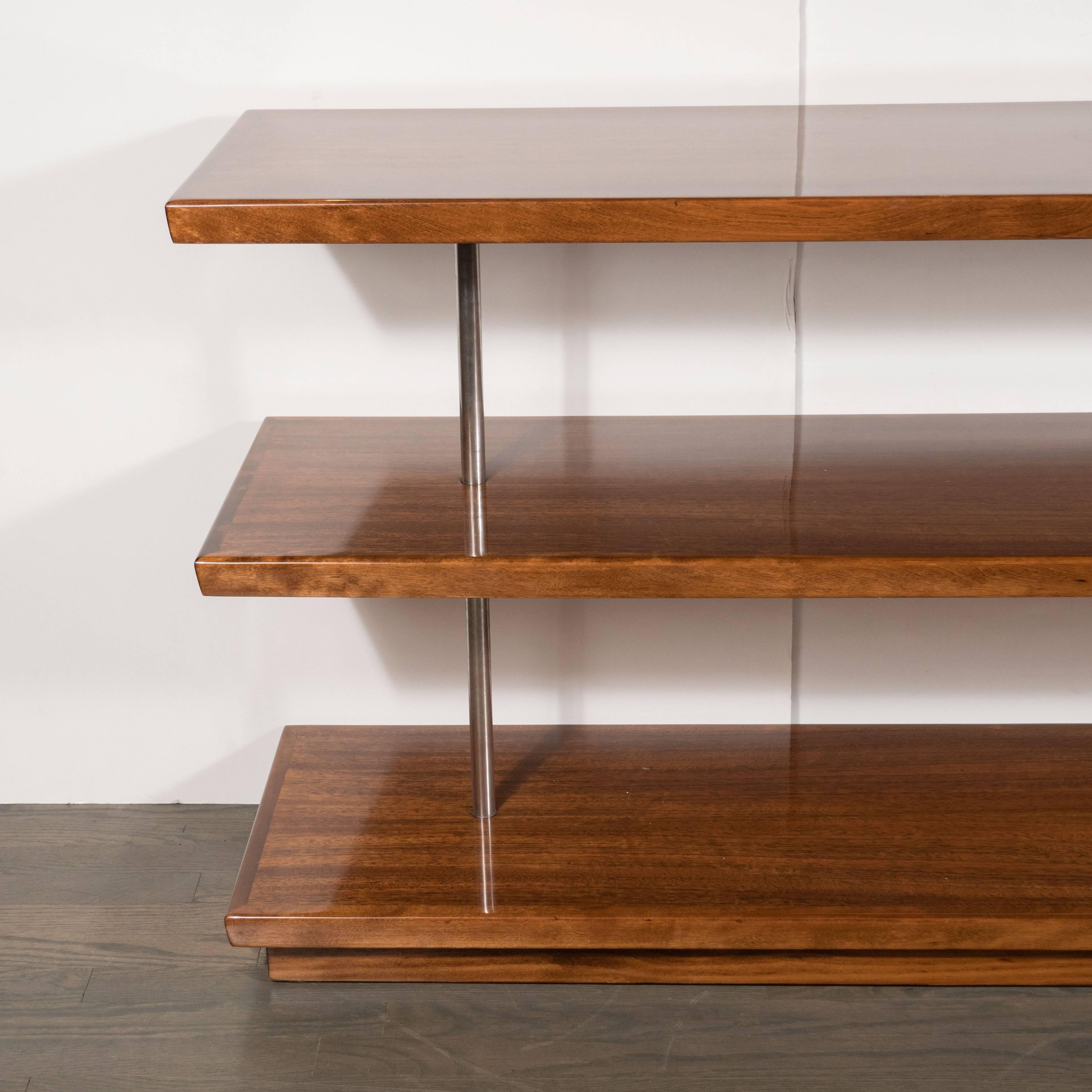 Mid-20th Century Art Deco Book-Matched Walnut Bookshelves, Gilbert Rohde with Aluminium Supports