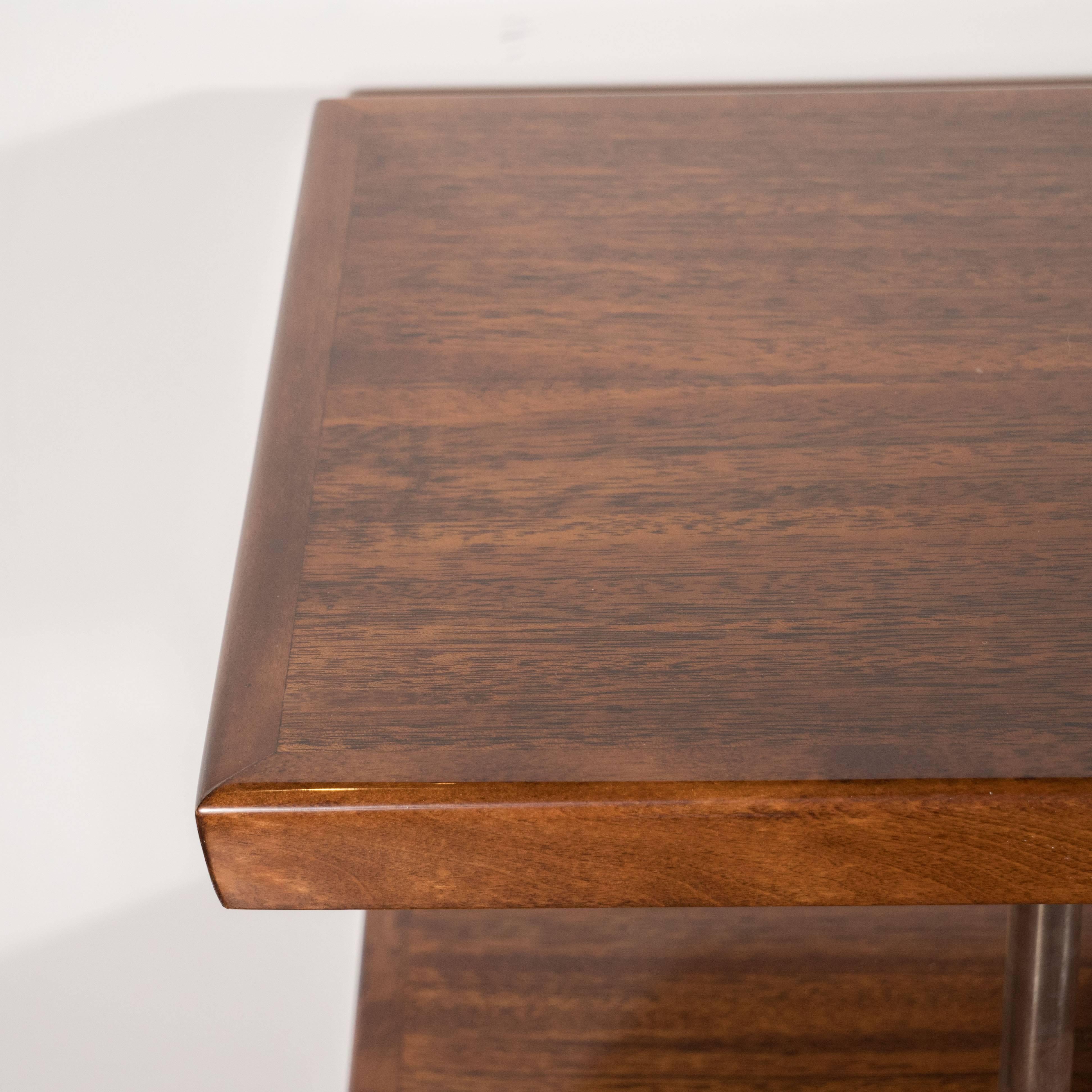 Aluminum Art Deco Book-Matched Walnut Bookshelves, Gilbert Rohde with Aluminium Supports