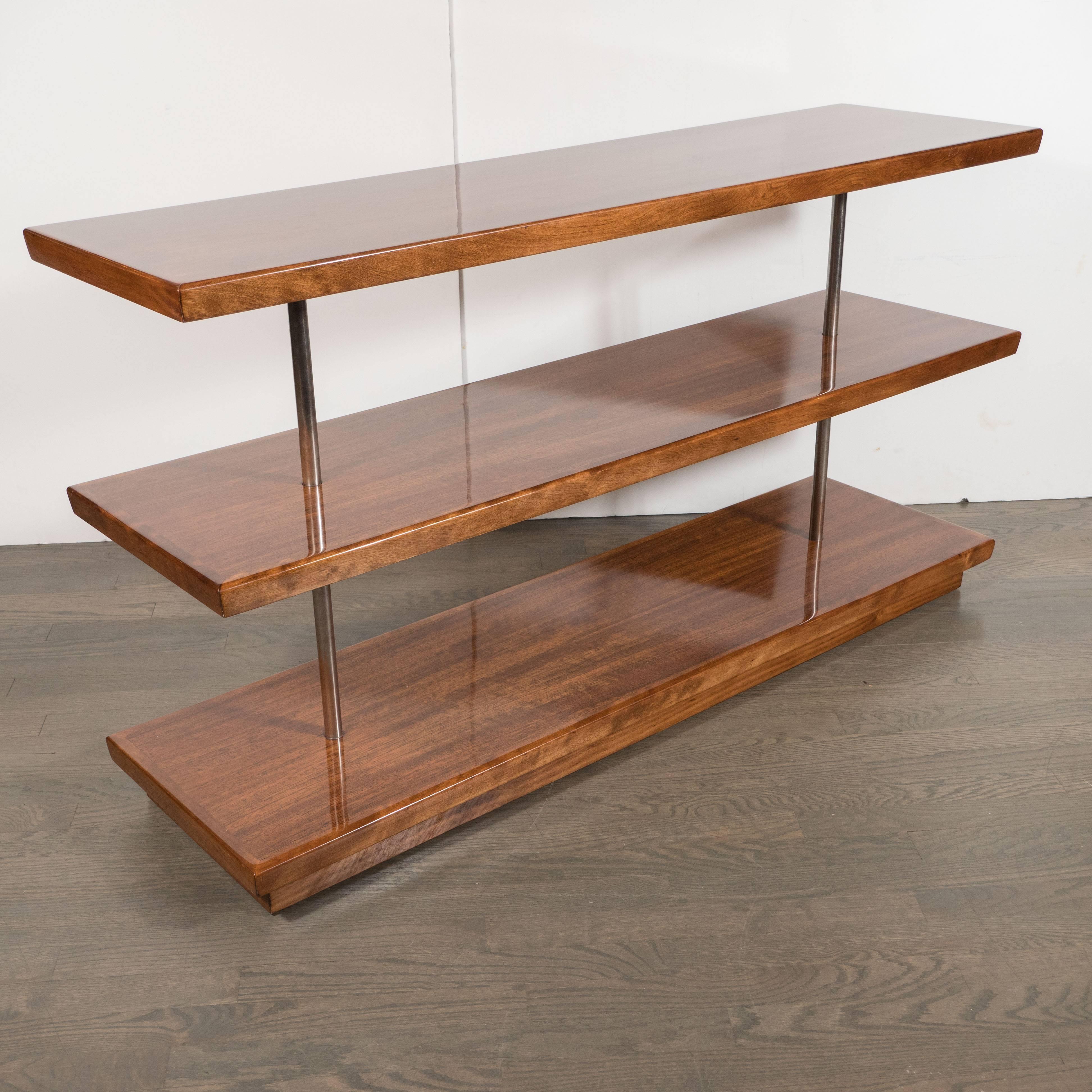 American Art Deco Book-Matched Walnut Bookshelves, Gilbert Rohde with Aluminium Supports