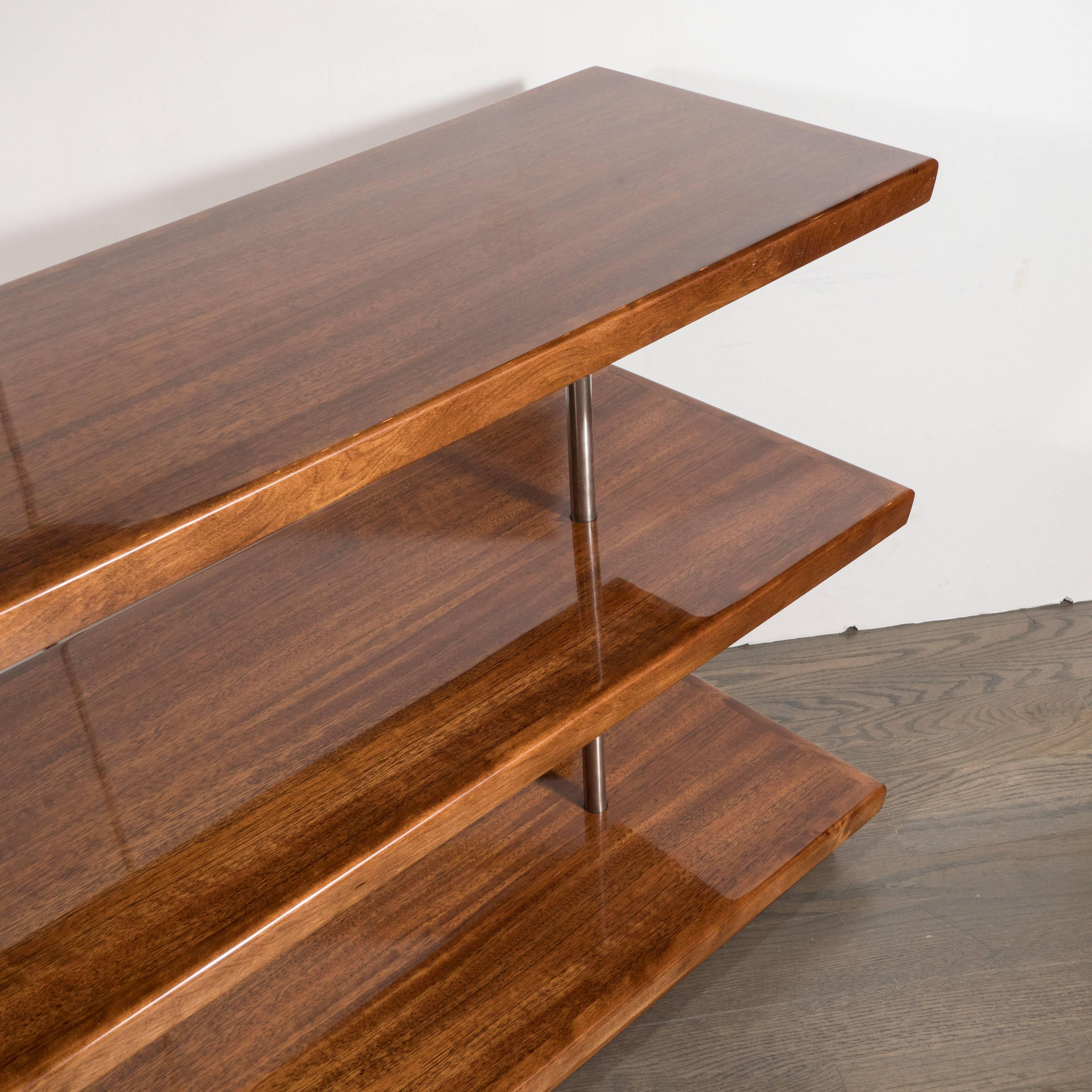 Art Deco Book-Matched Walnut Bookshelves, Gilbert Rohde with Aluminium Supports 1
