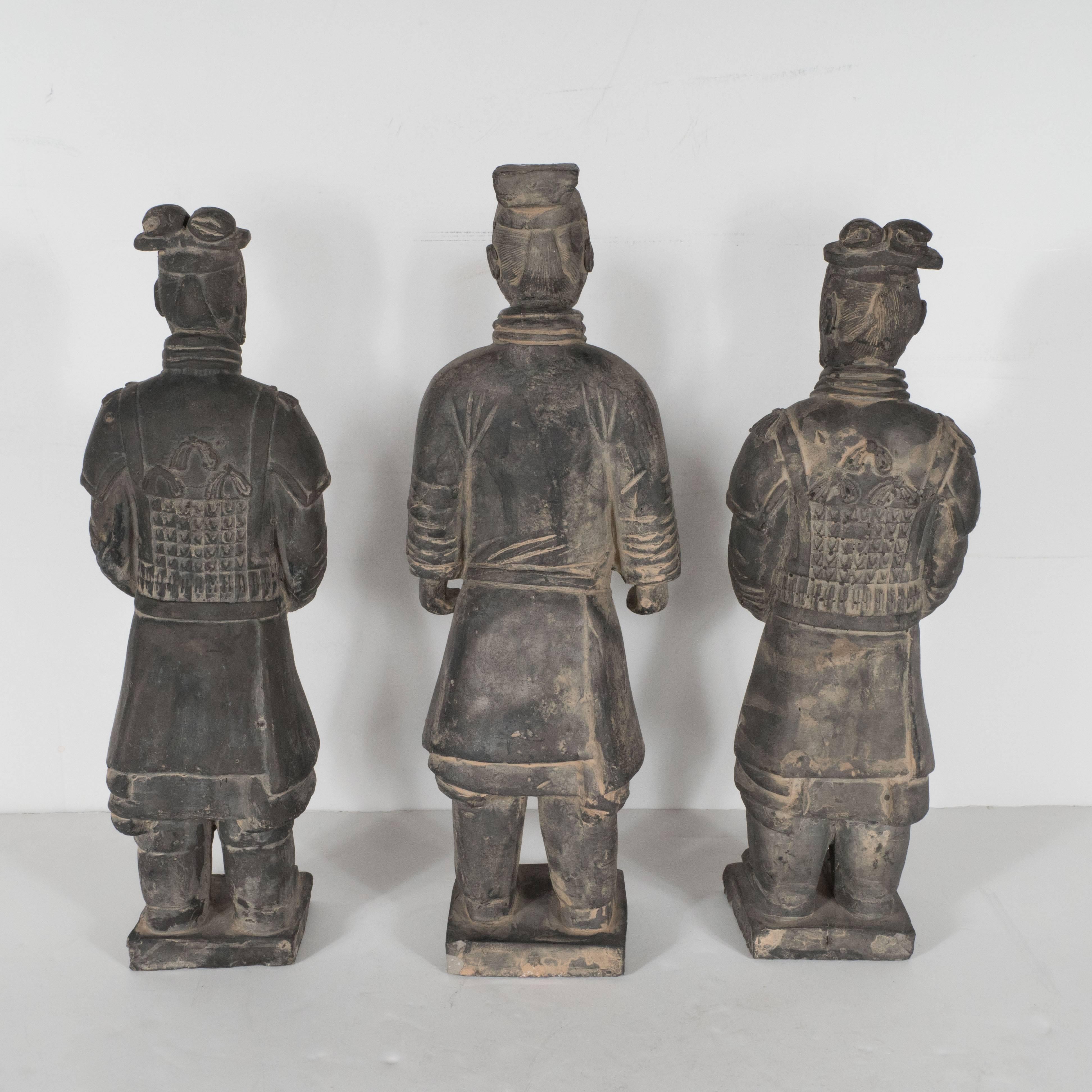 Set of Three Terracotta Chinese Burial Soldiers in the Manner of Qin Shi Huang In Excellent Condition In New York, NY