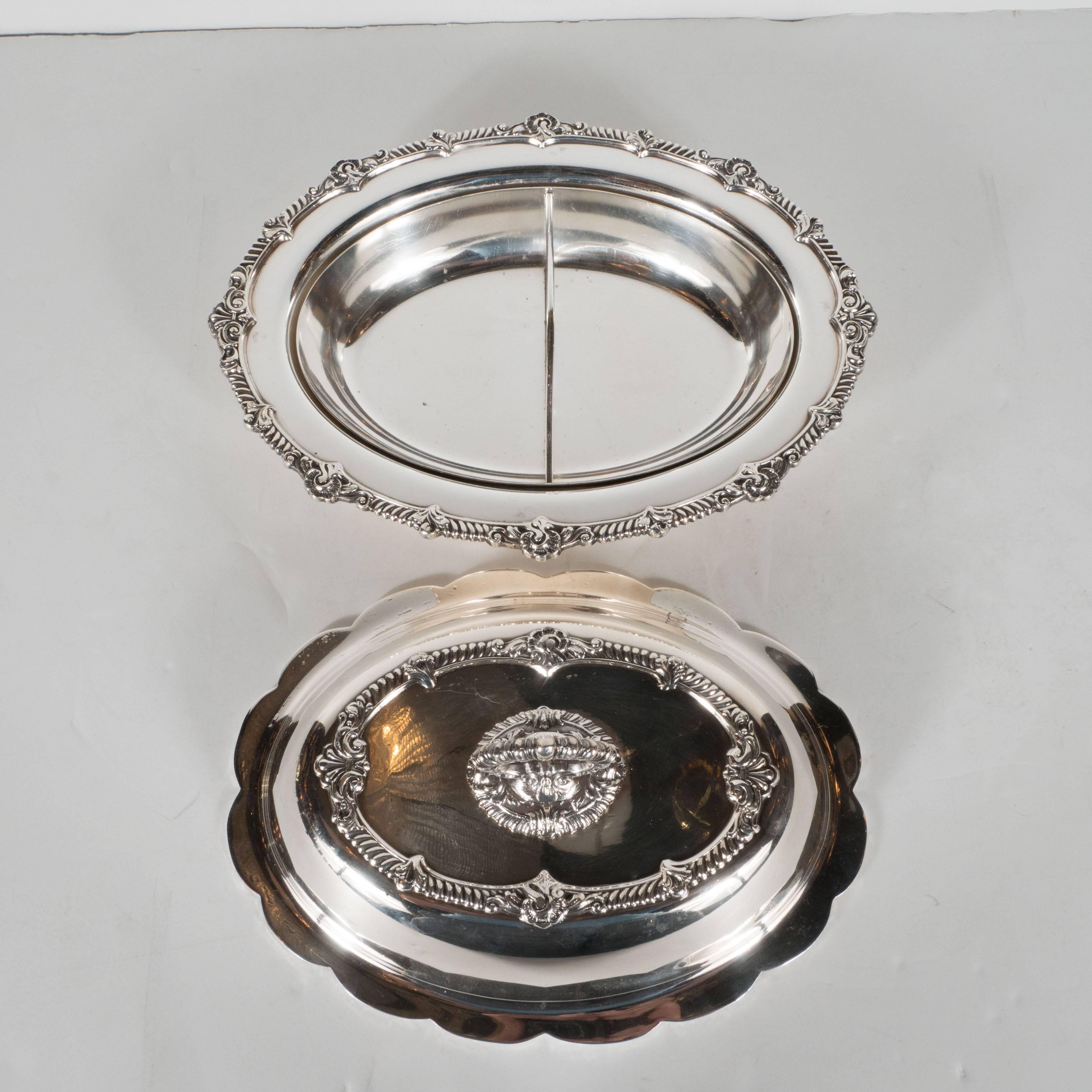 Neocolonialist Revival Silver Plated Tureen W/ Scalloped Edges & Baroque Detail In Excellent Condition For Sale In New York, NY