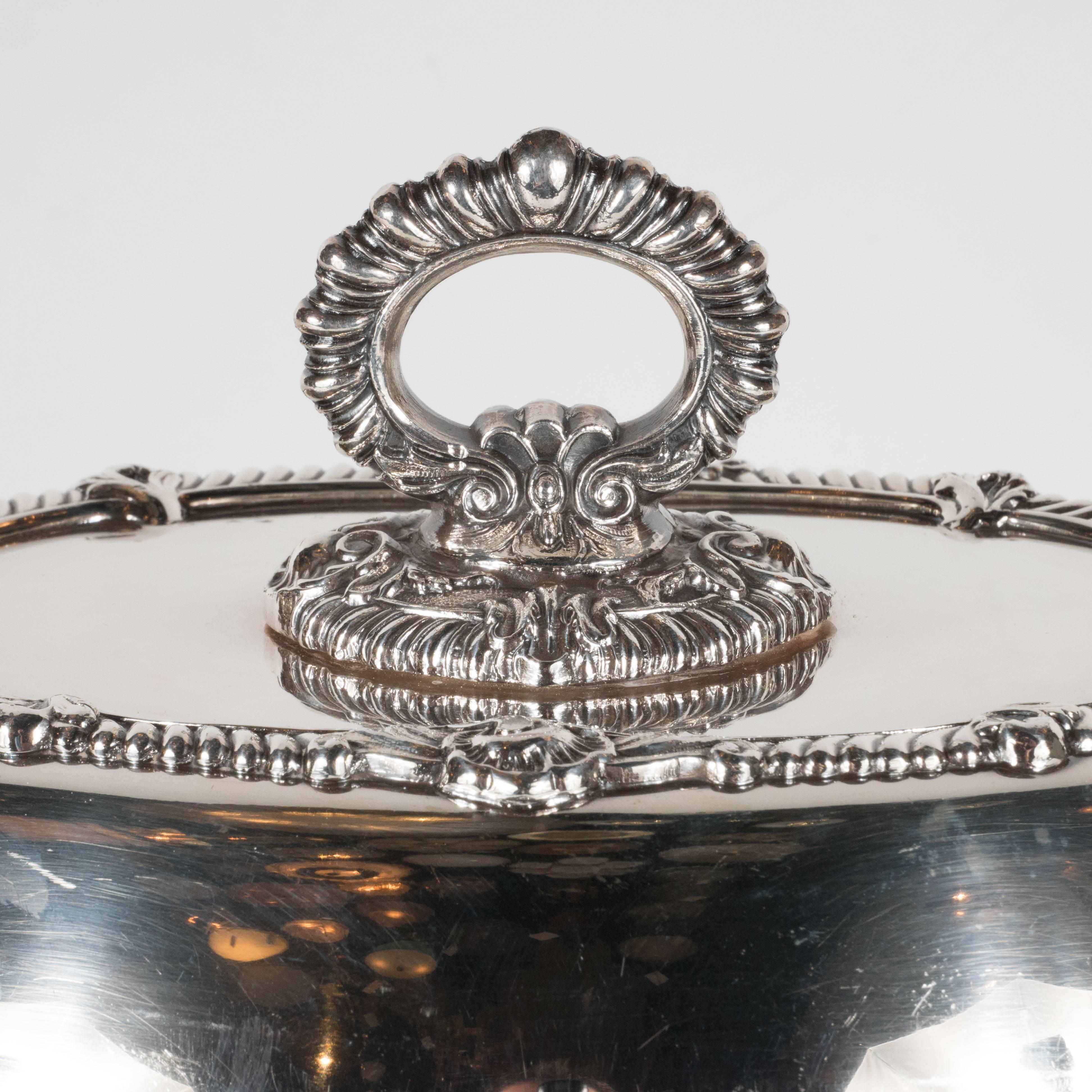 Mid-20th Century Neocolonialist Revival Silver Plated Tureen W/ Scalloped Edges & Baroque Detail For Sale