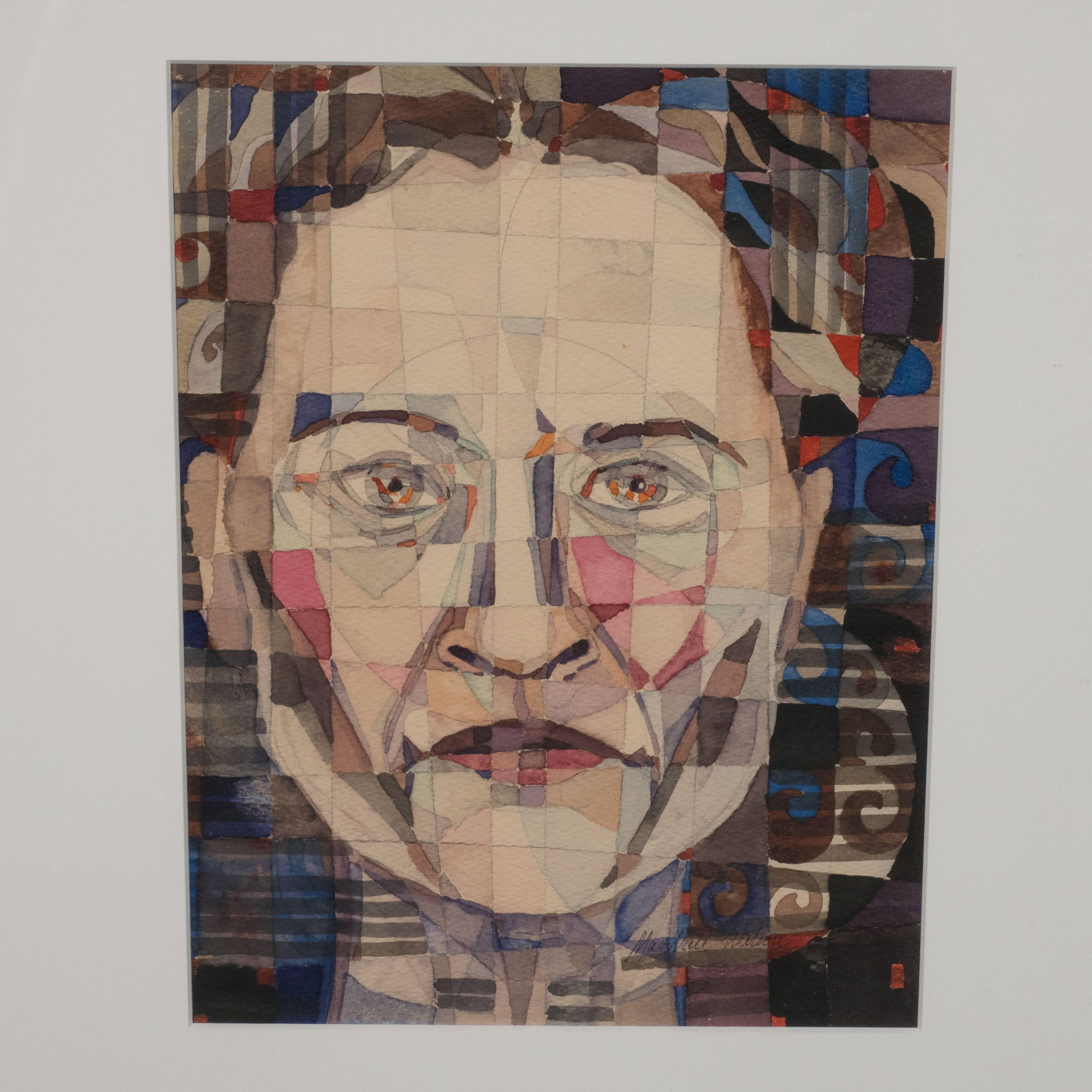 This gorgeous abstract portrait- rendered in ink, watercolor, and pencil features an abundance of intersecting color planes that collectively form a man's face. It was created by the critically acclaimed Manhattan-based designer/Fine artist,