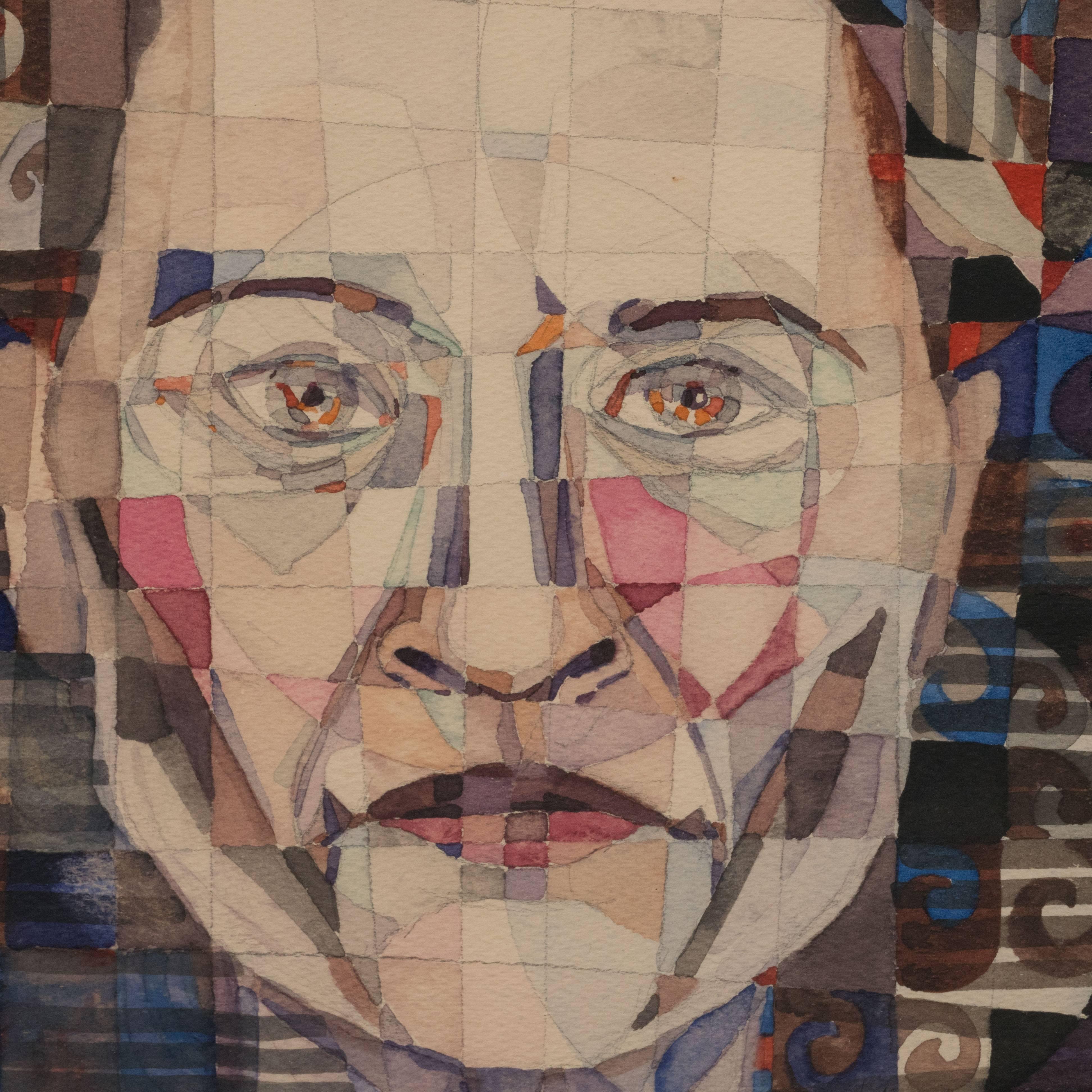 Late 20th Century Modernist Abstract Portrait in Watercolor, Ink, and Pencil by Marshall Watkins