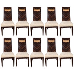 Set of Ten Custom Macassar Dining Chairs with Elm Inset Details and Brass Sabots 7