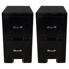 Pair of Art Deco Streamline Black Lacquer End Tables or Nightstands