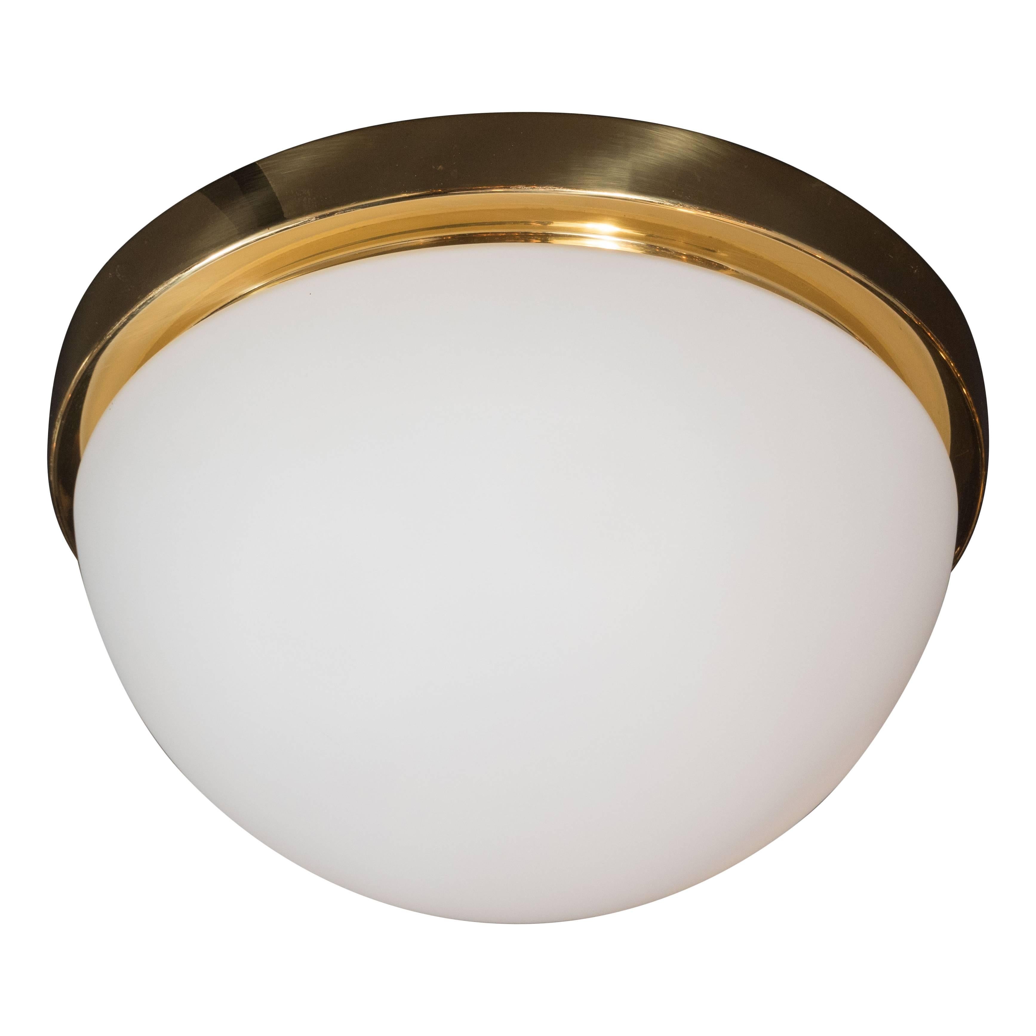 Mid-Century Frosted Glass and Brass Flush Mount Fixture by Glashütte Limburg For Sale