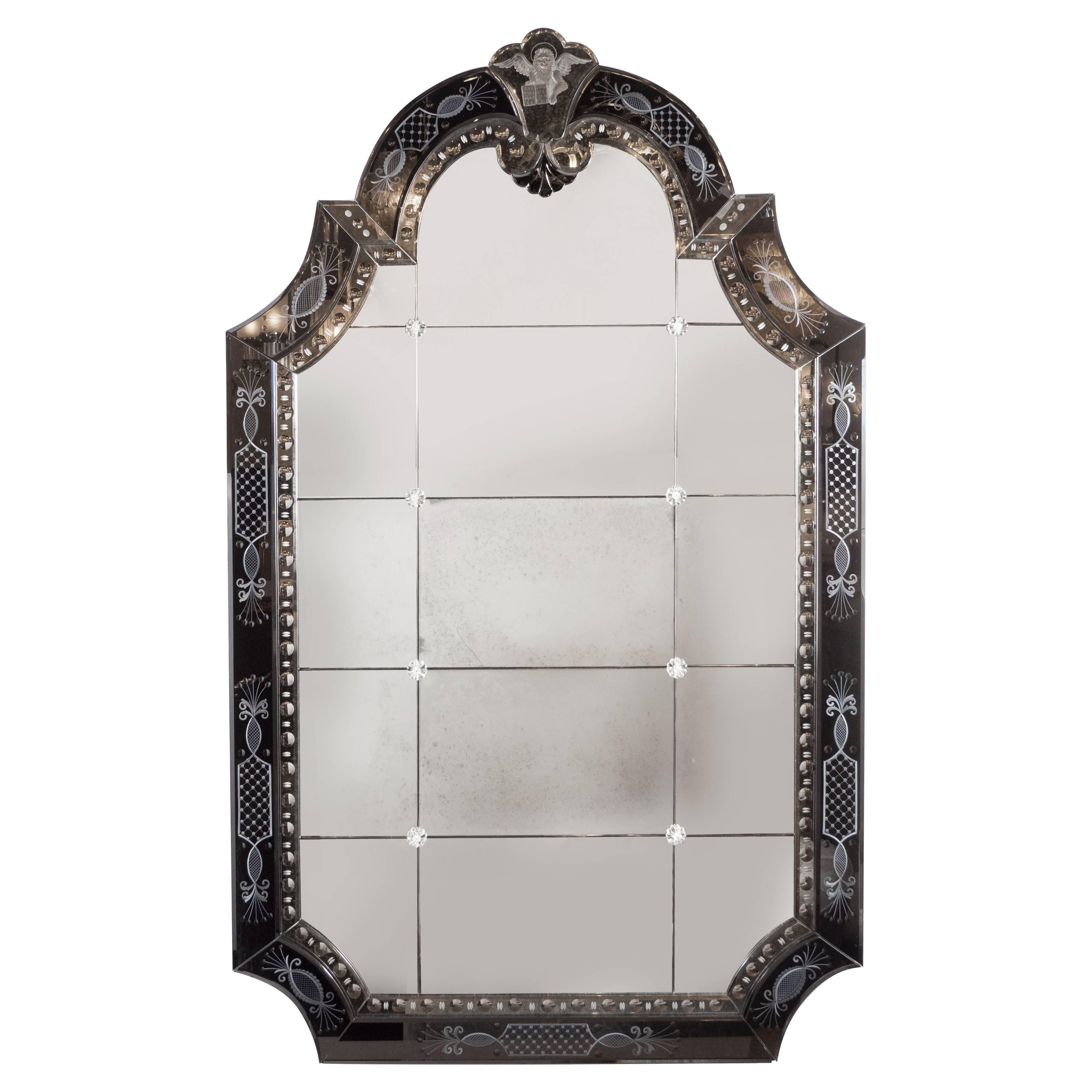Hollywood Regency/Art Deco Reverse Etched, Beveled & Scalloped Venetian Mirror