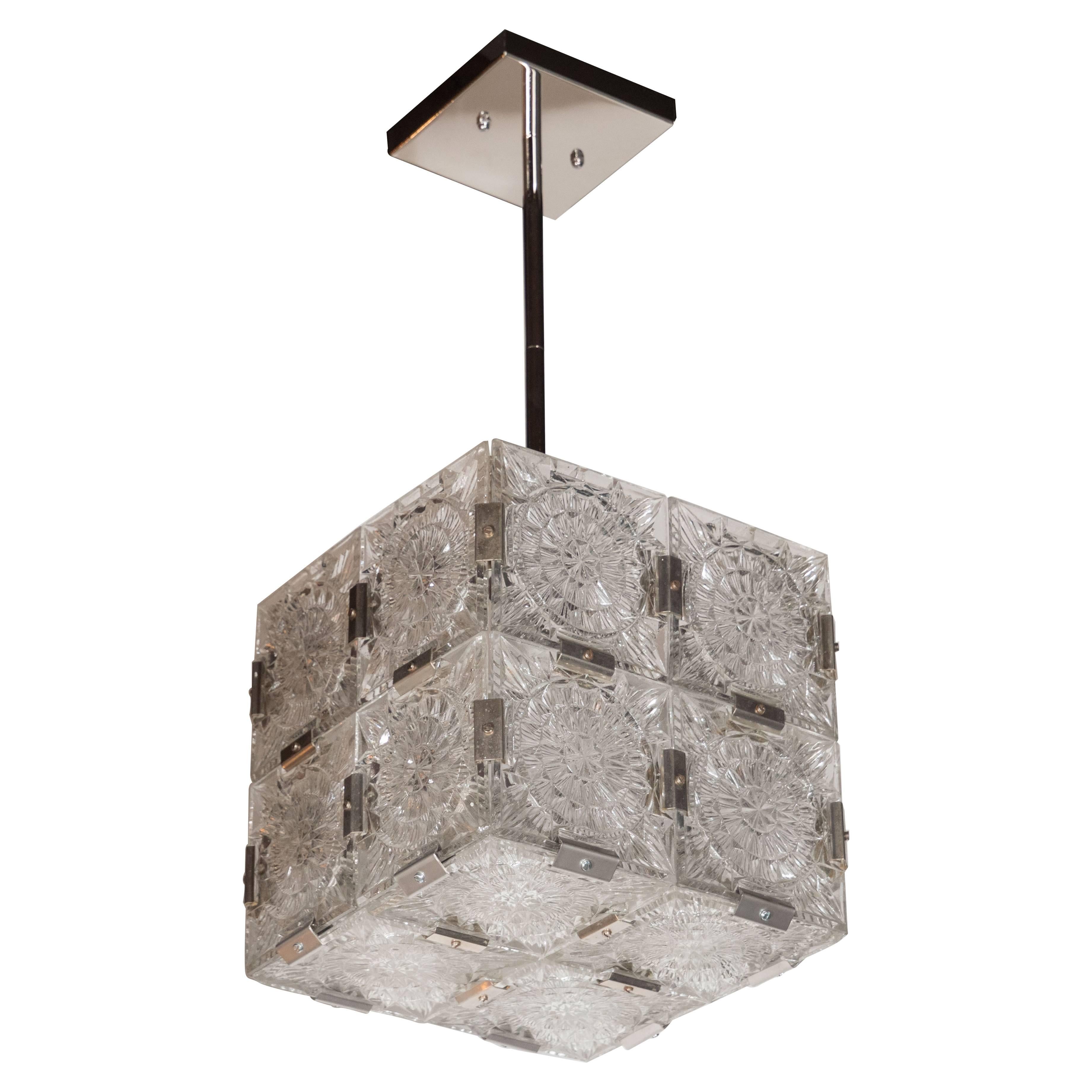 Mid-Century Modernist Pendant with Etched Glass and Chrome Fittings by Kinkeldy For Sale