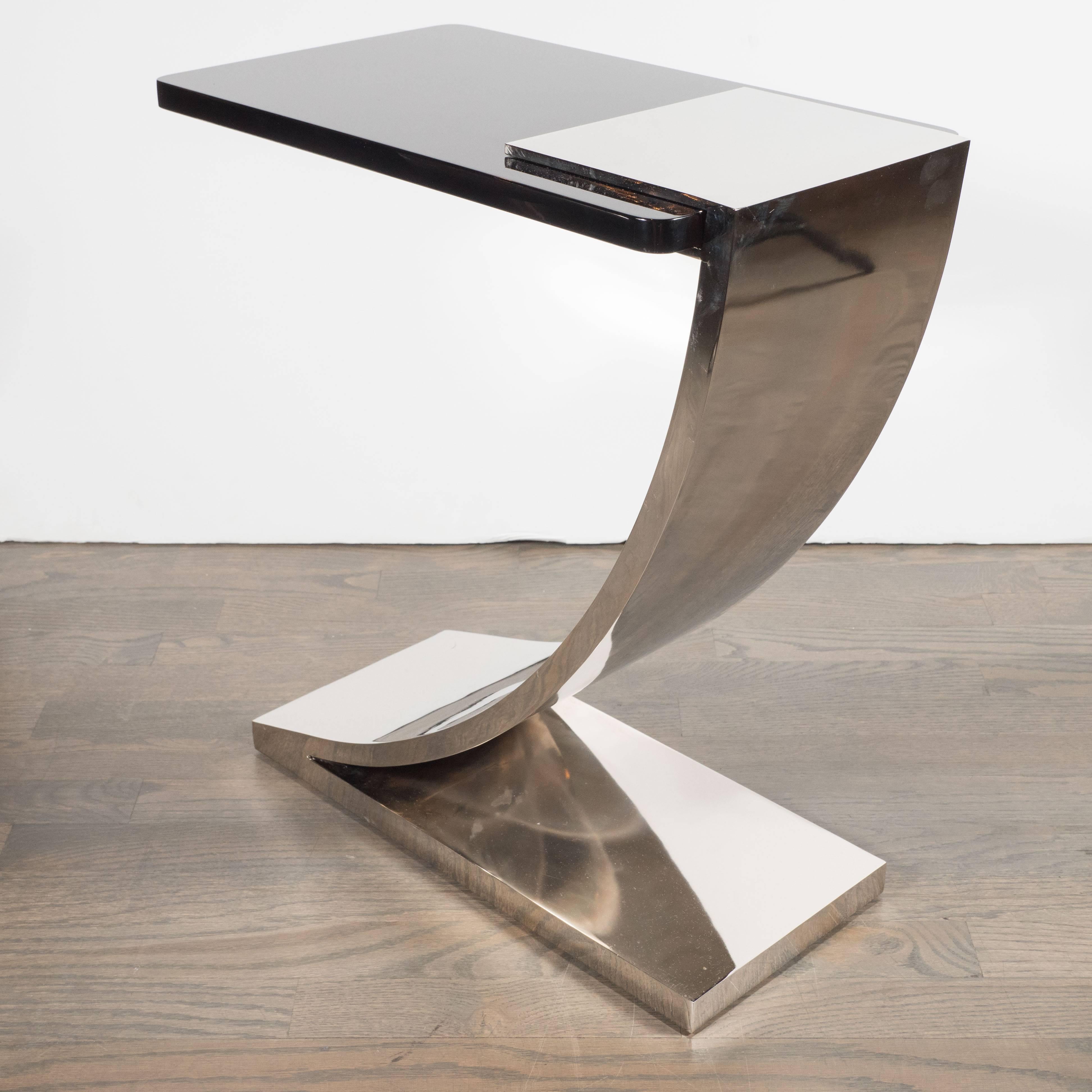American Sophisticated Modernist Polished Nickel and Black Lacquer Side or Drinks Table For Sale