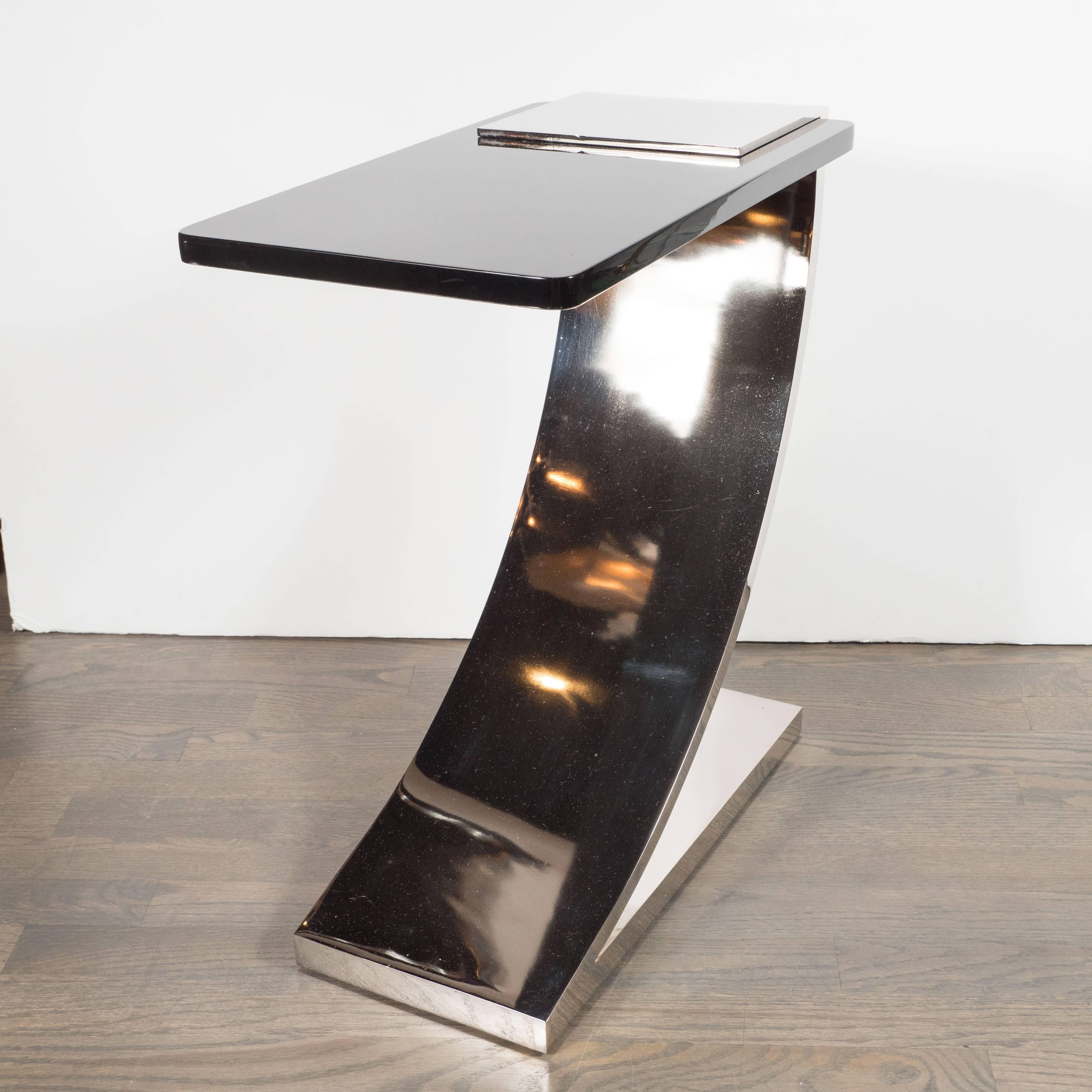 Contemporary Sophisticated Modernist Polished Nickel and Black Lacquer Side or Drinks Table For Sale