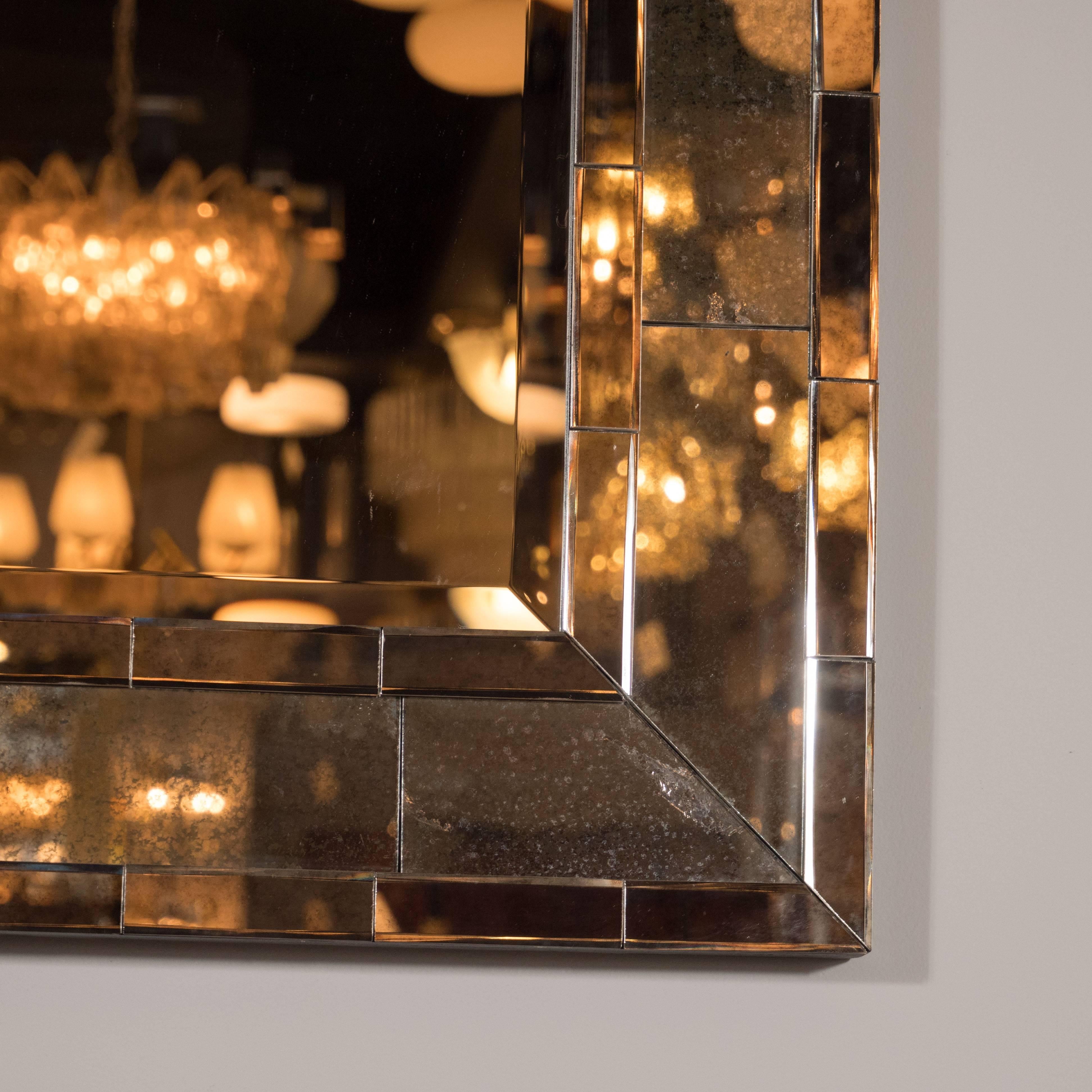 Elegant Mid-Century Modernist Mirror with Mosaic Antiqued Mirror Border In Excellent Condition In New York, NY