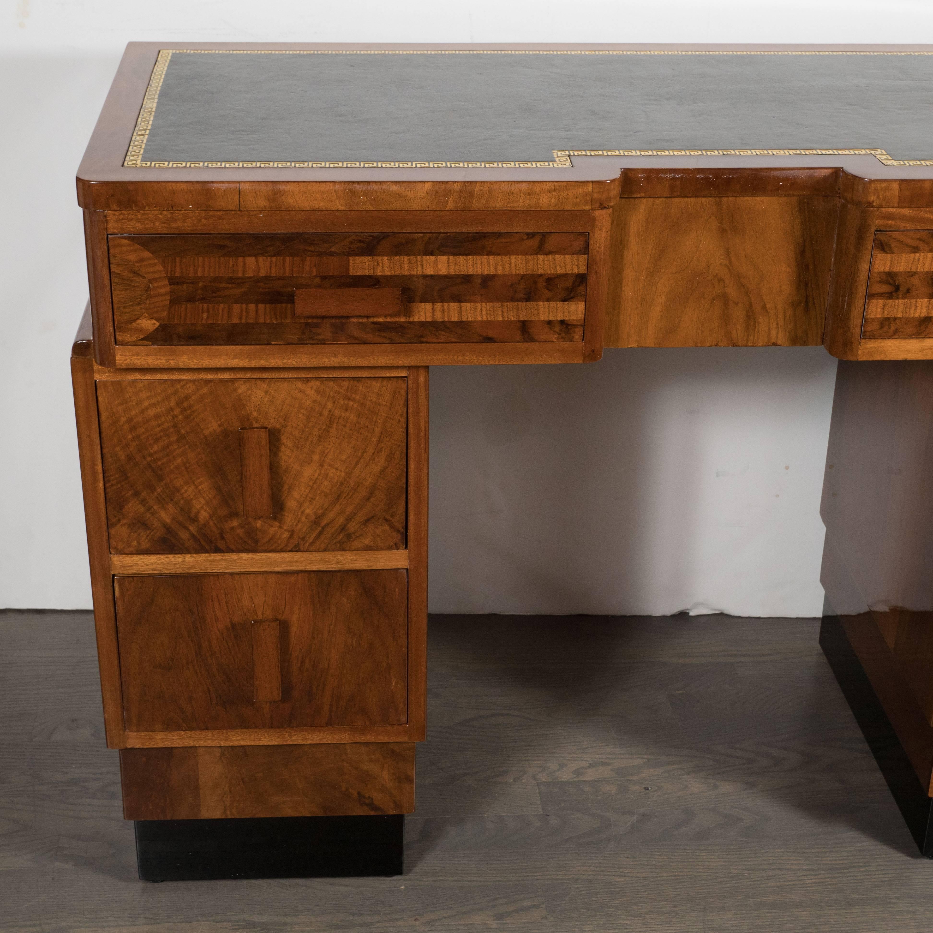 Leather Art Deco Skyscraper Style Desk with Black Lacquer, Mahogany and Burled Walnut