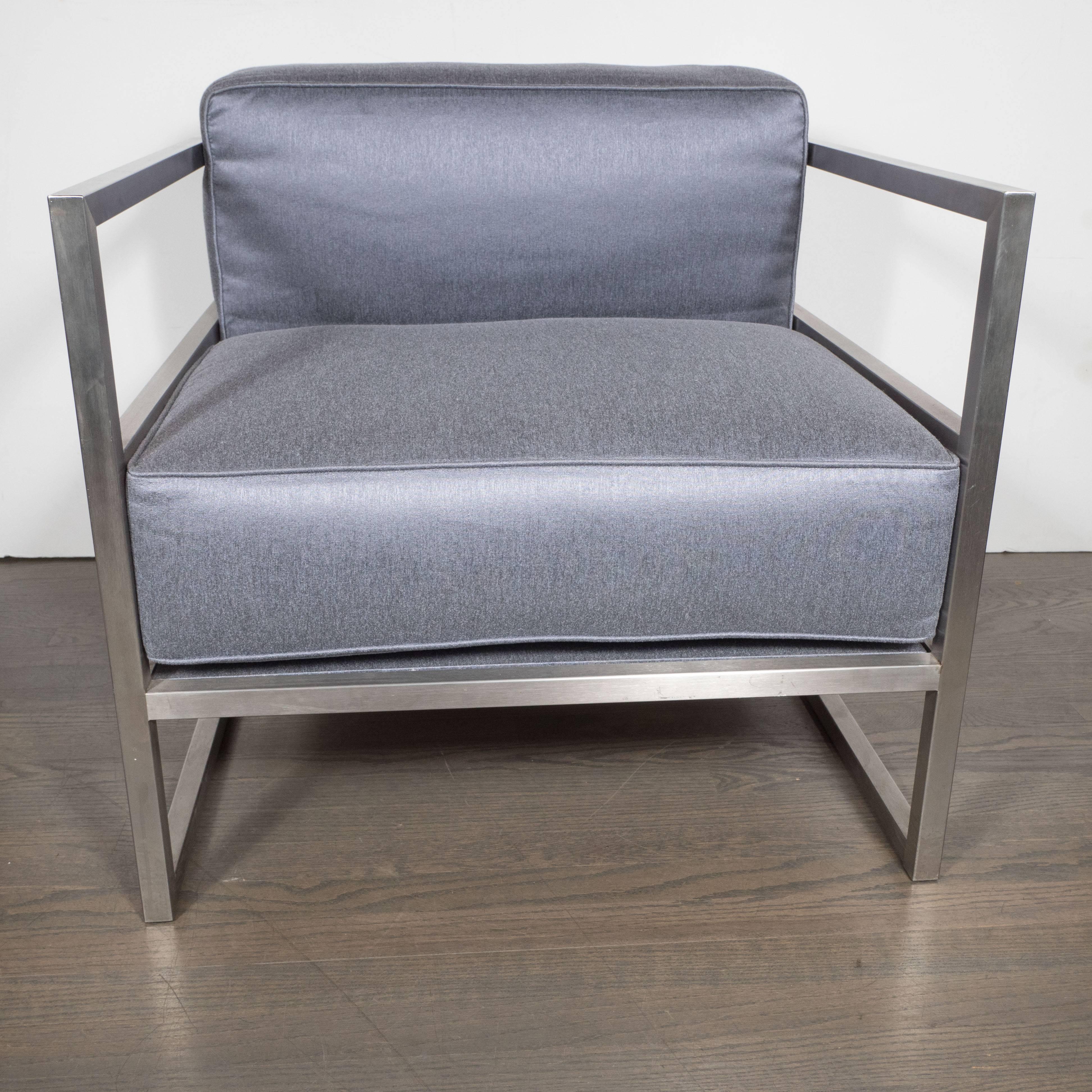 Mid-Century Modern Pair of Modernist Brushed Aluminium Club Chairs in Platinum Sharkskin