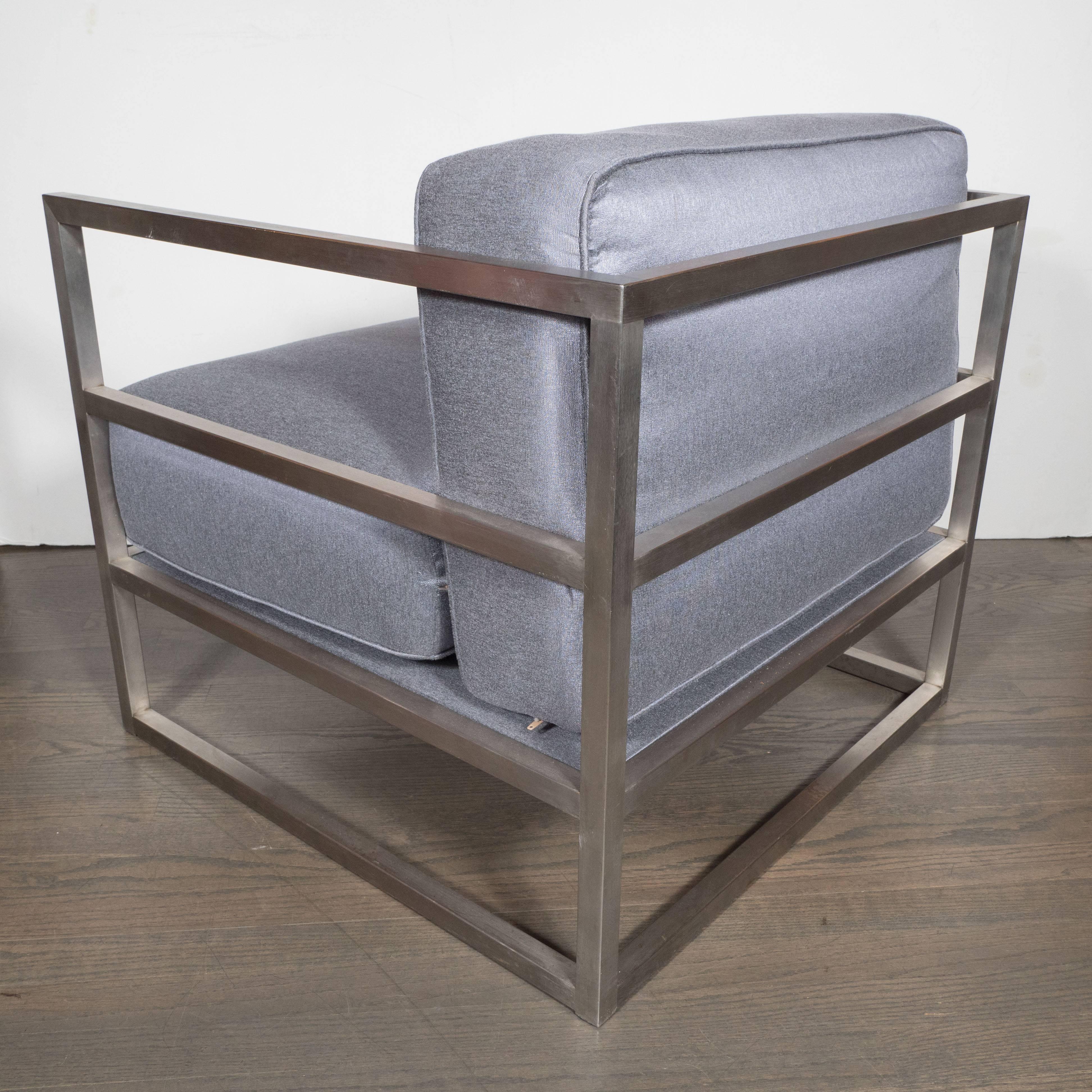 American Pair of Modernist Brushed Aluminium Club Chairs in Platinum Sharkskin