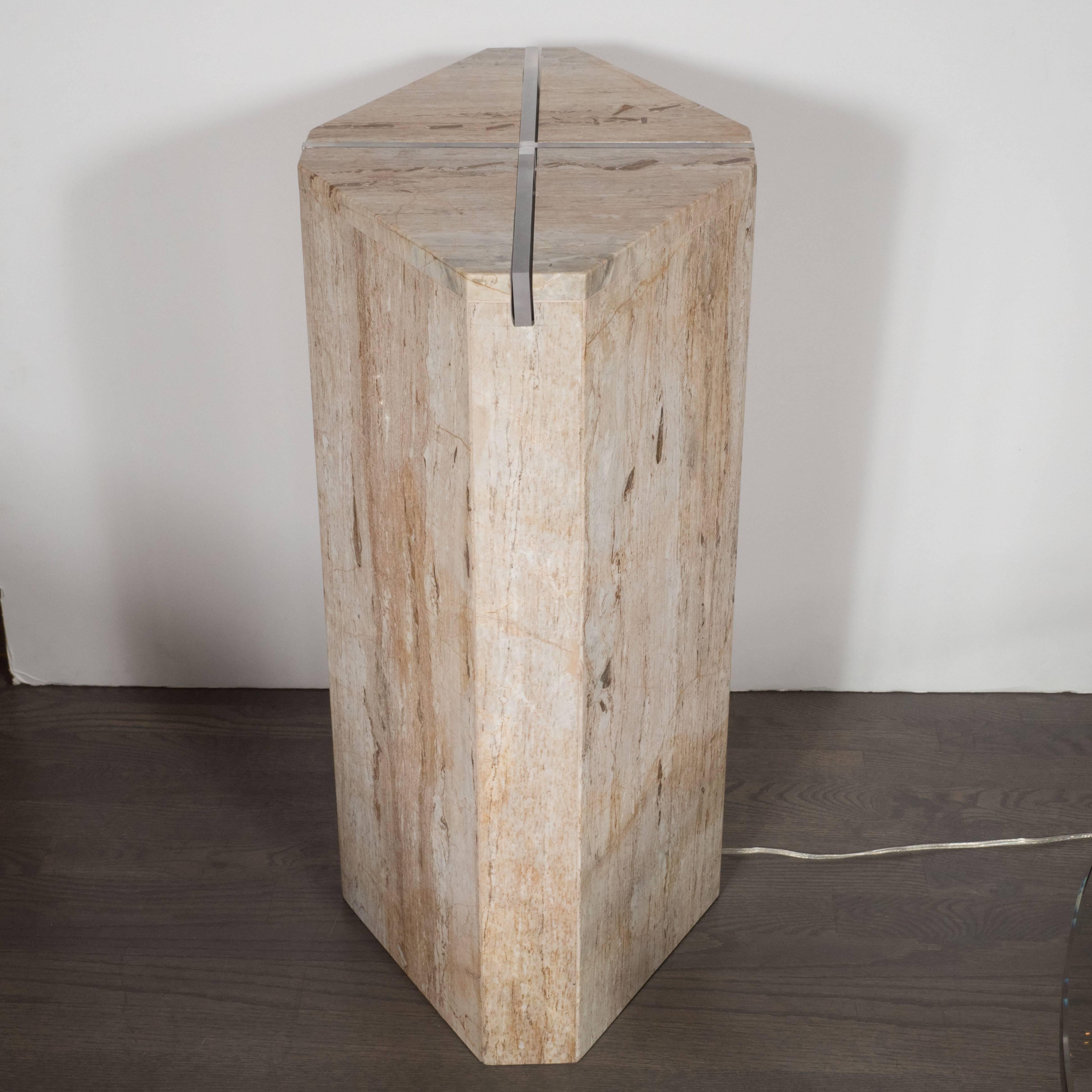 Late 20th Century Sophisticated Mid-Century Modernist Crosslight Illuminating Travertine Pedestal For Sale