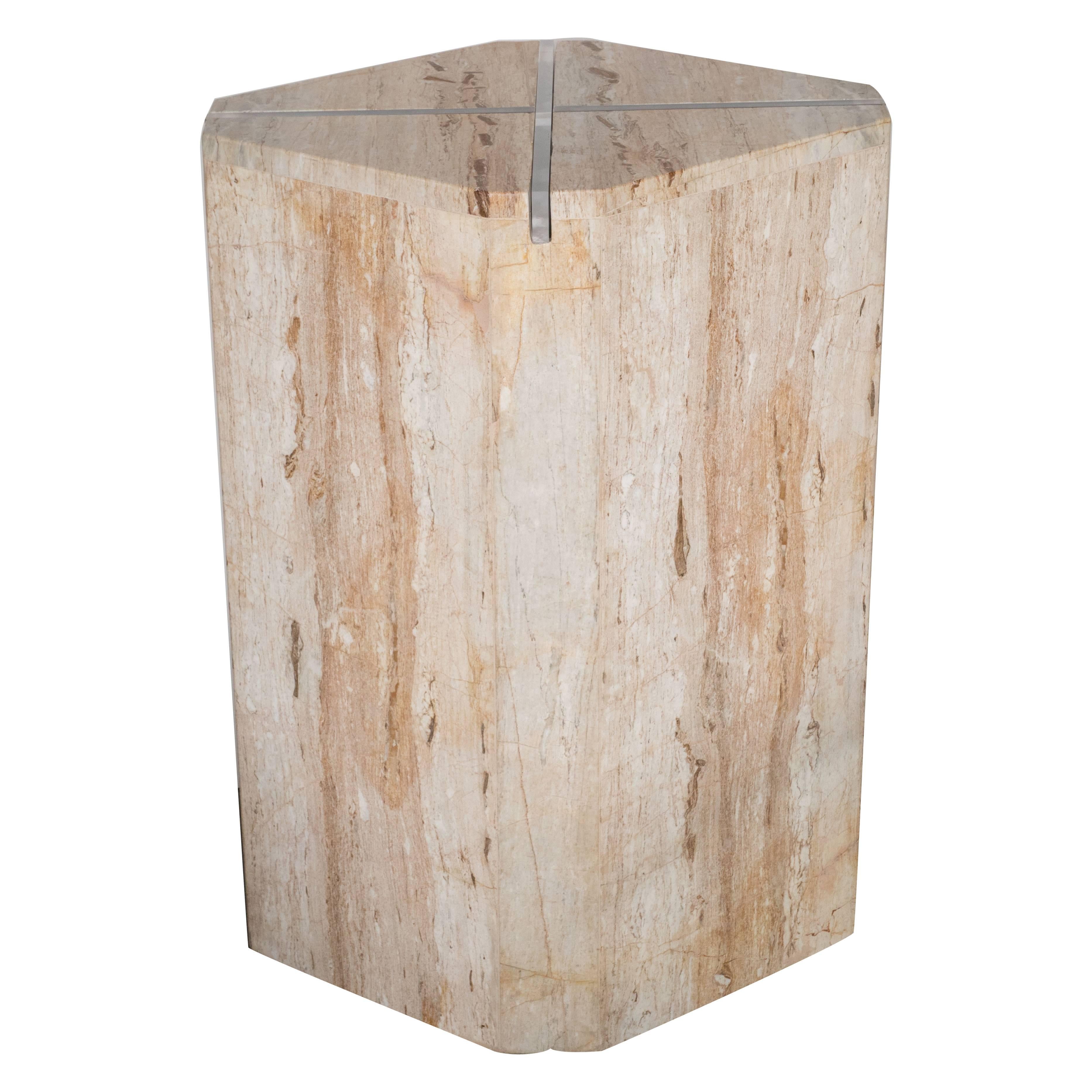 Sophisticated Mid-Century Modernist Crosslight Illuminating Travertine Pedestal