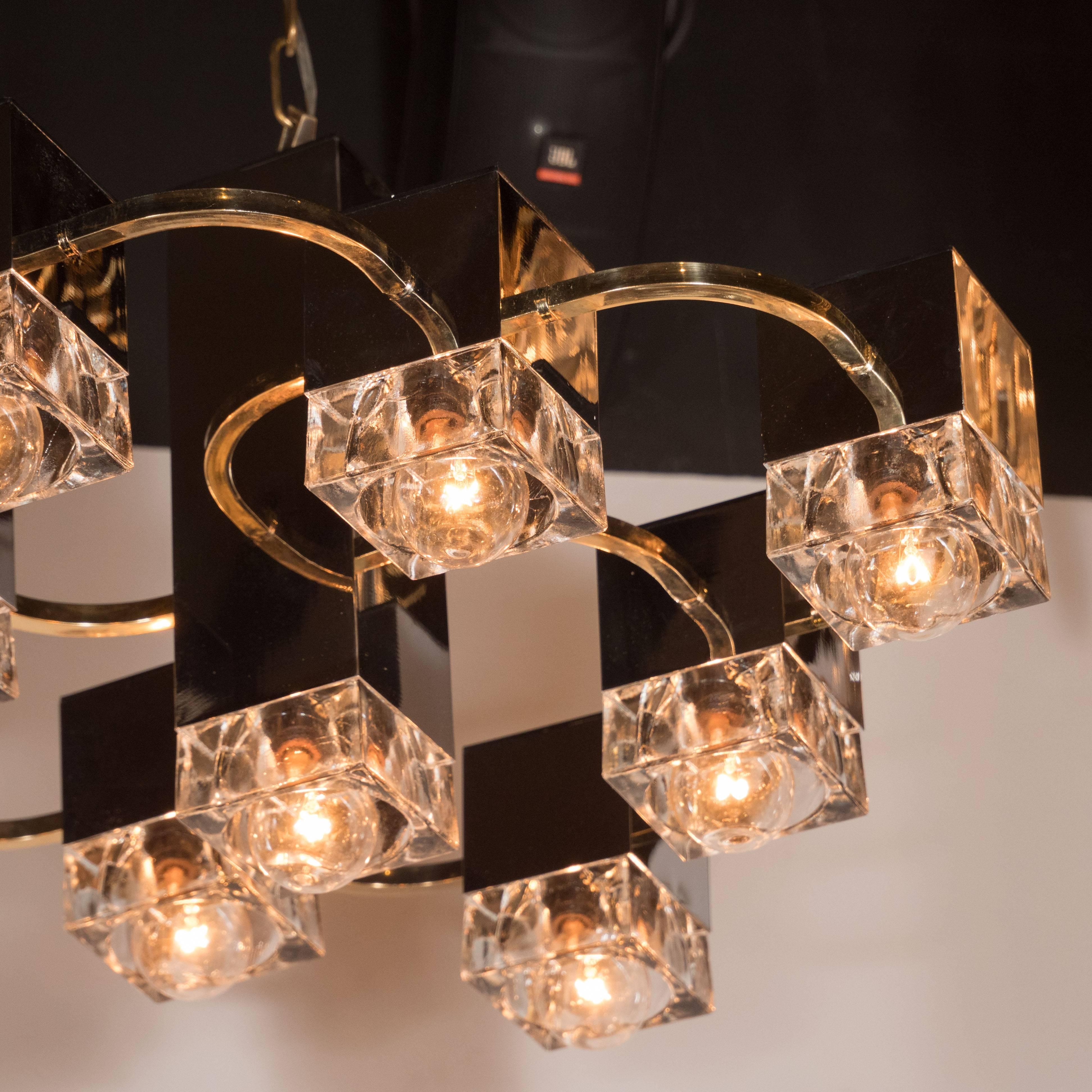 Late 20th Century Mid-Century Sciolari Chandelier with Waterglass Cubes, Chrome and Brass