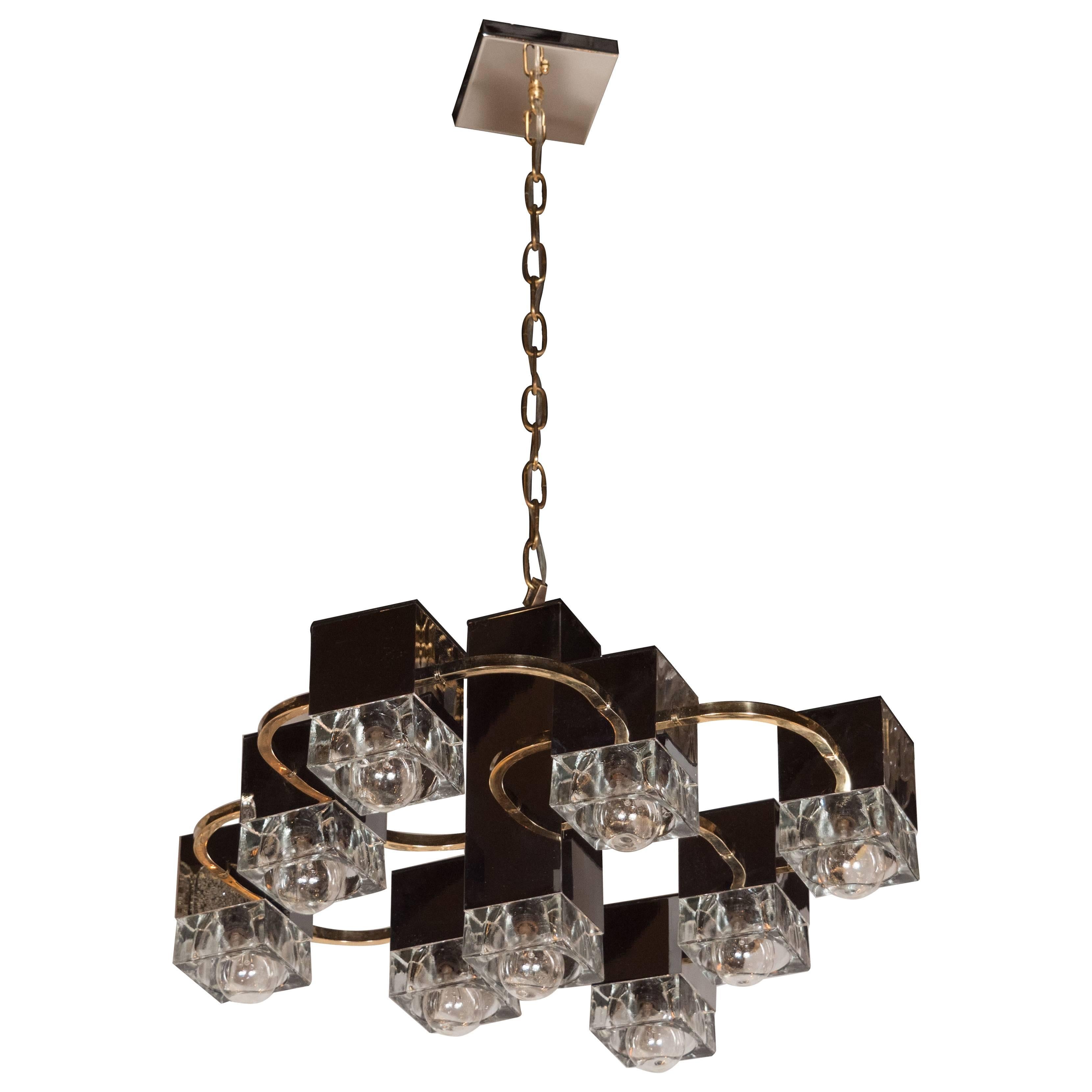 Mid-Century Sciolari Chandelier with Waterglass Cubes, Chrome and Brass
