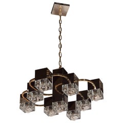 Mid-Century Sciolari Chandelier with Waterglass Cubes, Chrome and Brass