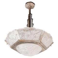 Art Deco Satin Nickeled Bronze and Frosted Glass Chandelier Signed by Degué
