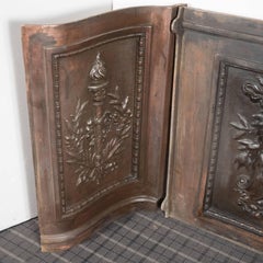 Chimenea americana de hierro chapado en bronce con cresta, antorcha y motivos foliados